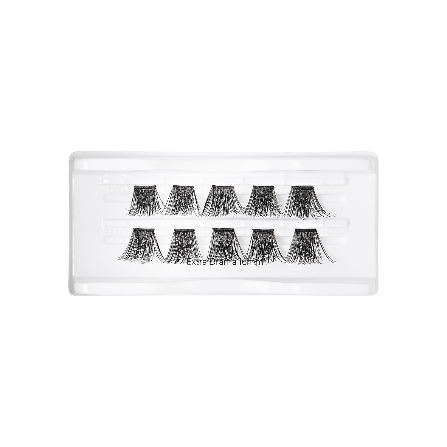 Set of ten pairs of short, black, wispy false eyelash clusters arranged in two rows inside a clear plastic tray. The text on the tray reads \