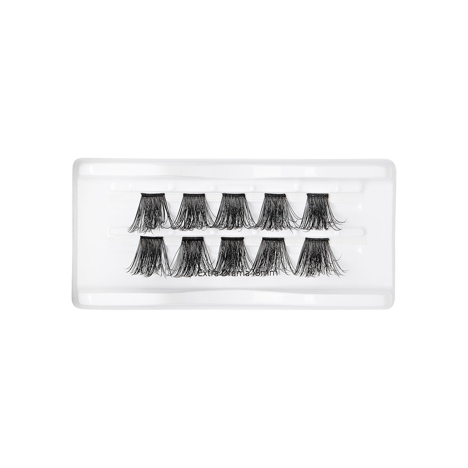 Set of five pairs of black, clustered false eyelash wisps arranged in two rows inside clear plastic packaging on a white background.