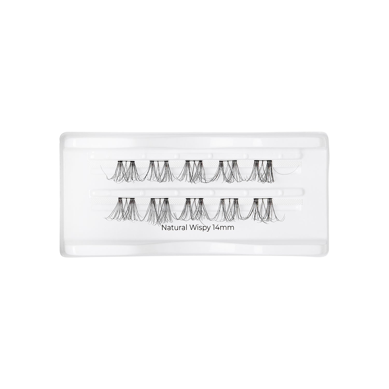 Tray of black individual natural wispy eyelash clusters, 14mm length, arranged in two rows on white plastic backing with text \