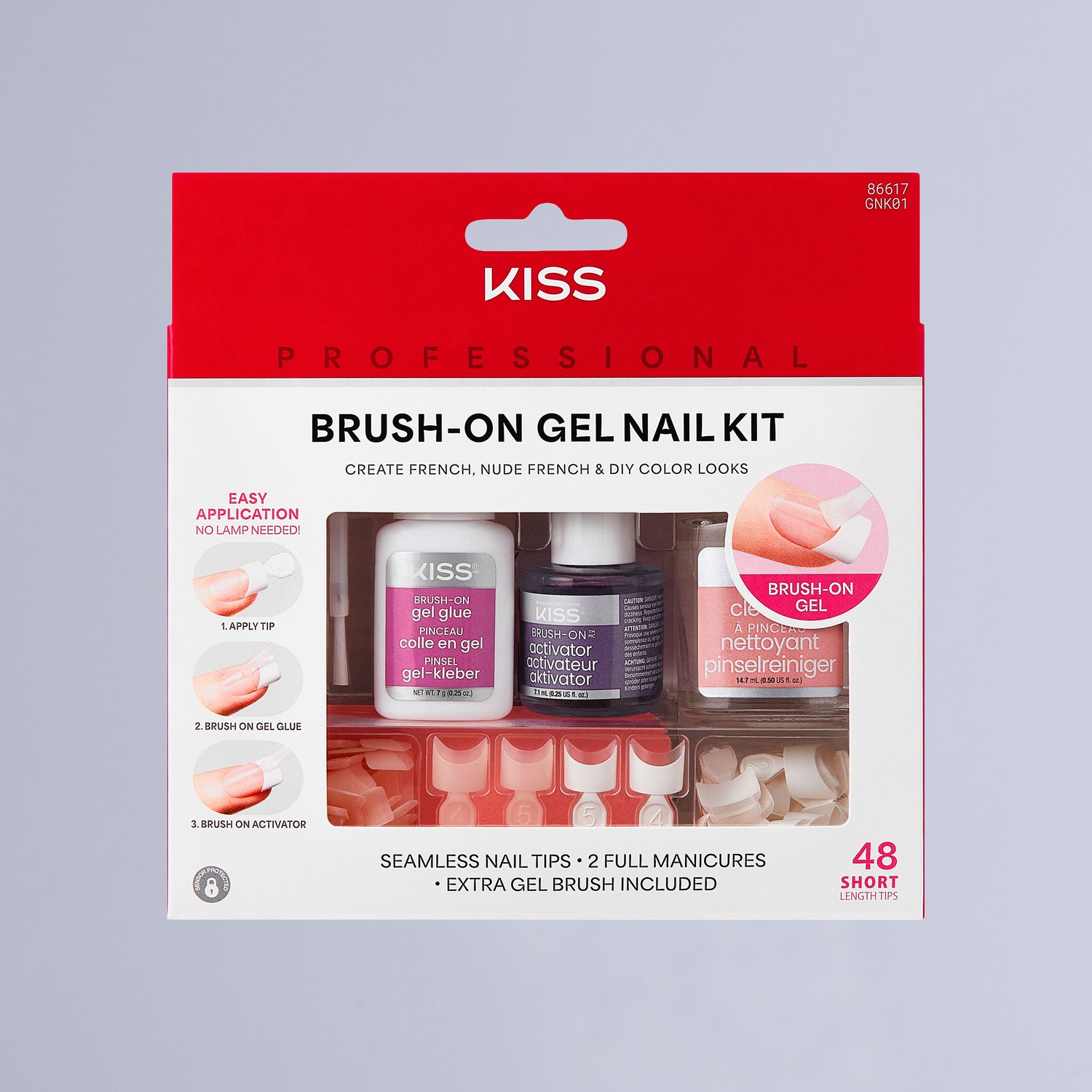 KS Professional Brush-On Gel Nail Kit packaging with gel glue, activator, cleaner, and 48 short seamless nail tips, highlighting easy application with no lamp needed.