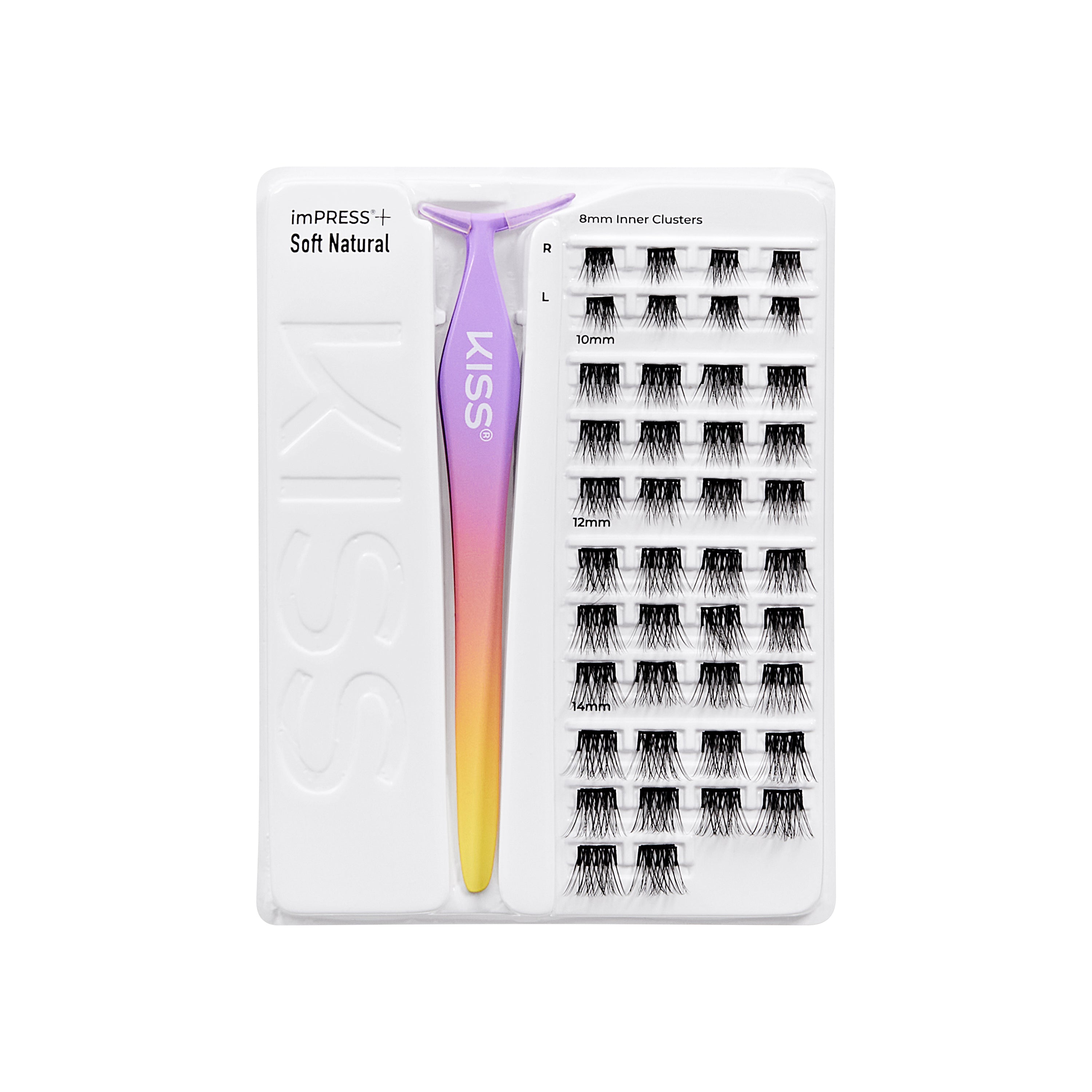 KISS imPRESS+ Soft Natural lash kit with applicator and 8mm inner cluster lashes in multiple sizes.