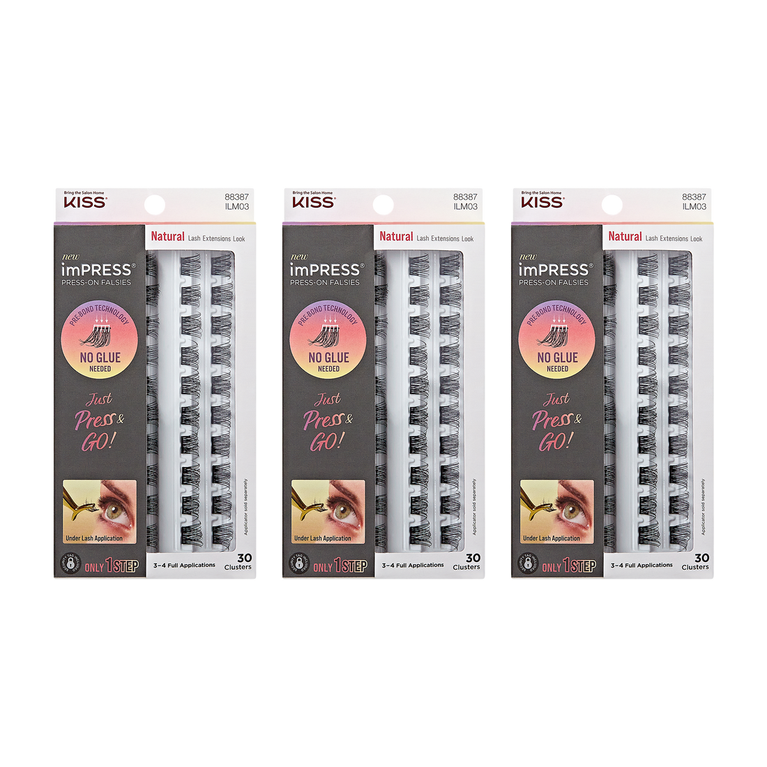 Three packages of KISS imPRESS Press-On Falsies in Natural Clusters, each with 30 clusters, showing black false lashes. Packaging highlights “No glue needed” and “Just Press &amp; Go!” with an eye applying lashes underneath.