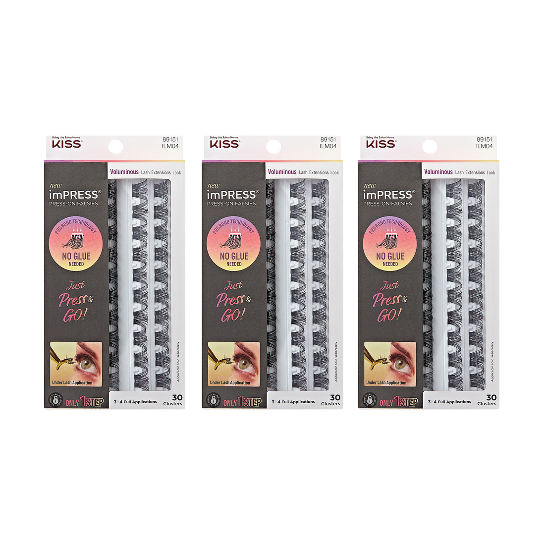 Three identical packages of KISS imPRESS Press-On Falsies Voluminous Clusters, each showing 30 black lash extension clusters with no glue needed, just press and go.