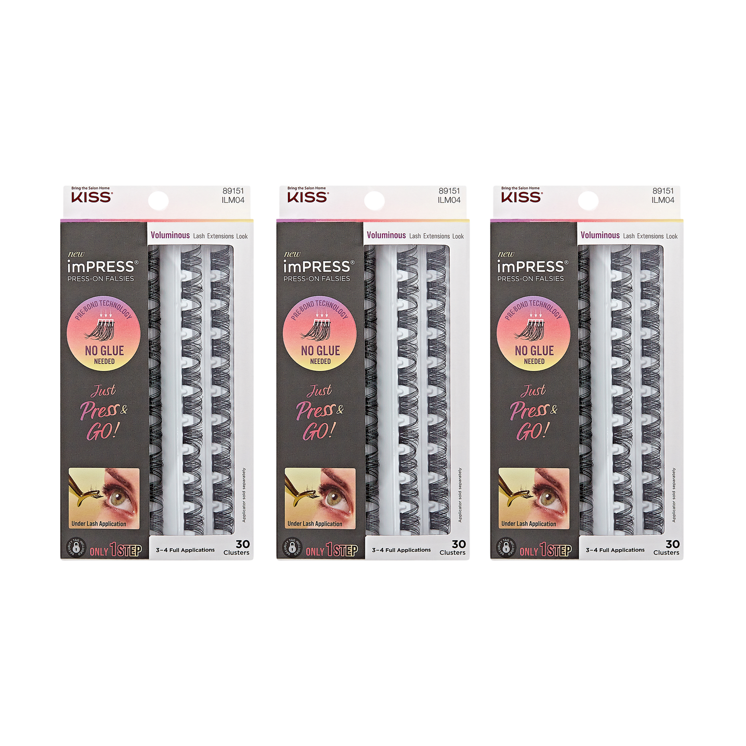 Three identical packages of KISS imPRESS Press-On Falsies Voluminous Clusters, each showing 30 black lash extension clusters with no glue needed, just press and go.