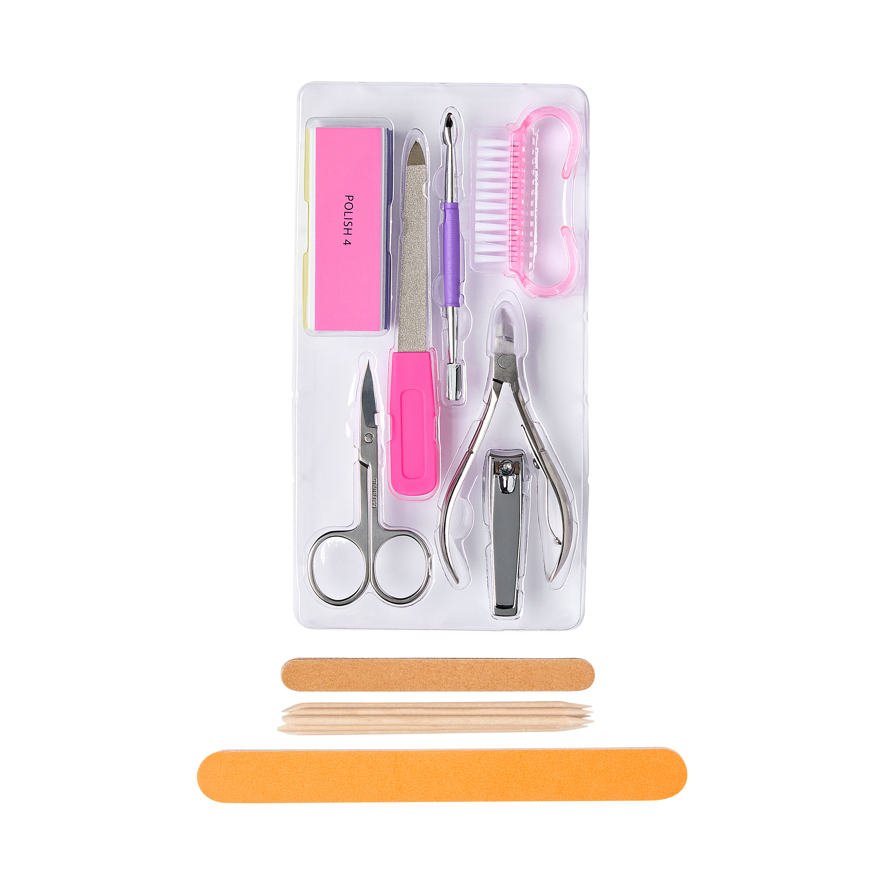 Manicure kit with nail file, pink buffer block labeled \