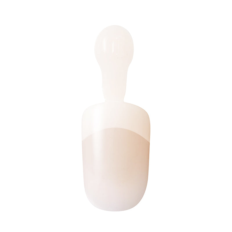 Single press-on acrylic nail in a nude French tip style, displayed on a transparent plastic nail holder against a white background.