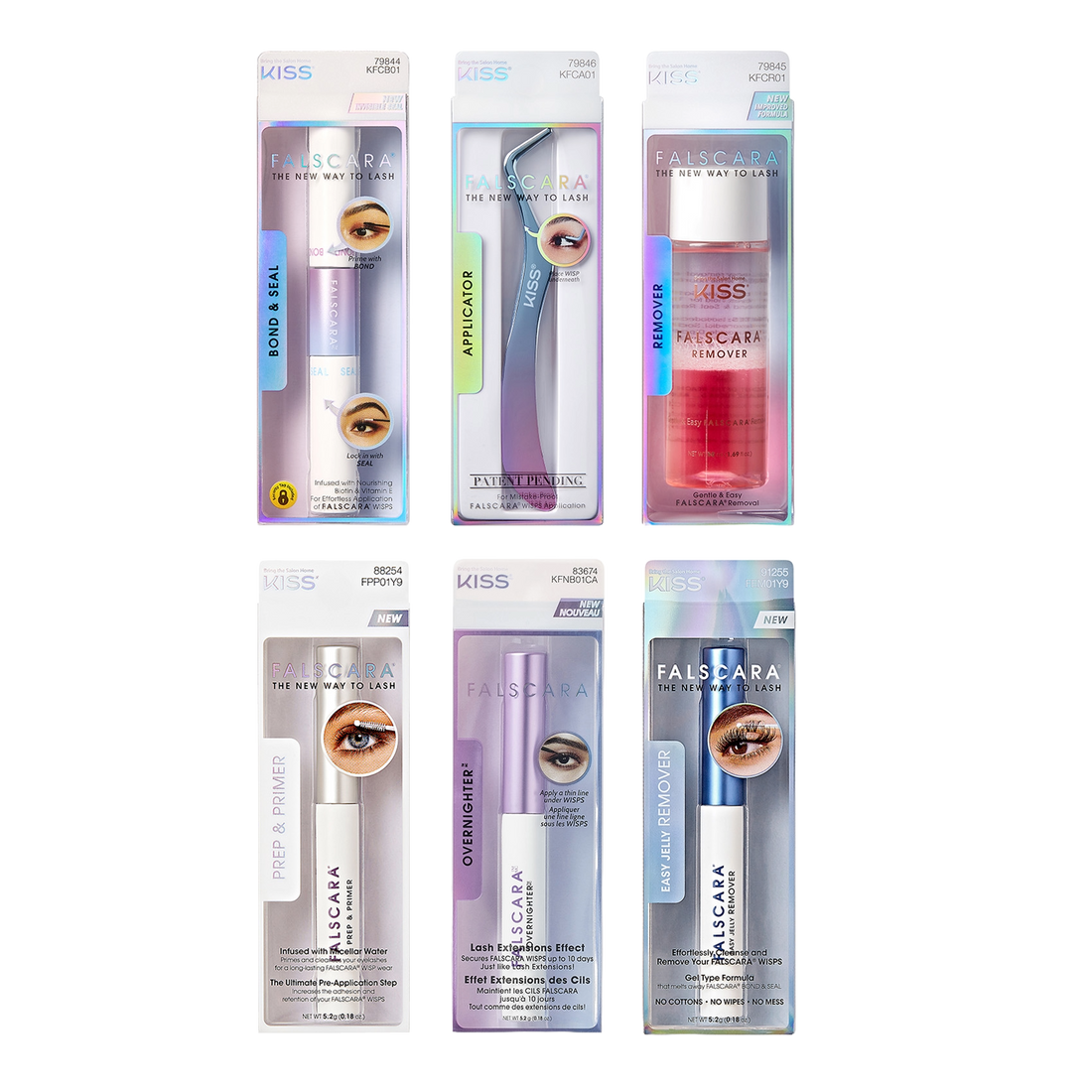 Six-piece FALSCARA lash tool and product bundle by KISS, featuring Bond &amp; Seal tube, curved metal applicator, pink remover bottle, Prep &amp; Primer tube, Overnighter mascara tube, and Easy Jelly Remover in blue tube.