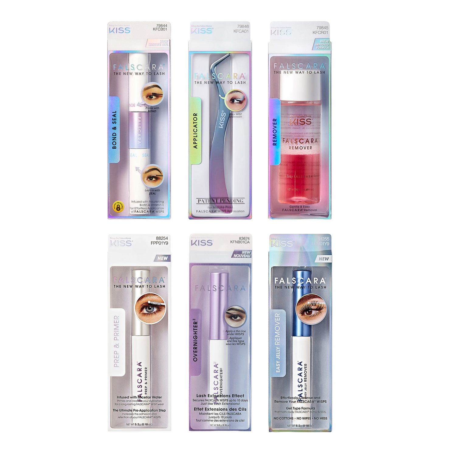 Six-piece FALSCARA lash tool and product bundle by KISS, featuring Bond &amp; Seal tube, curved metal applicator, pink remover bottle, Prep &amp; Primer tube, Overnighter mascara tube, and Easy Jelly Remover in blue tube.