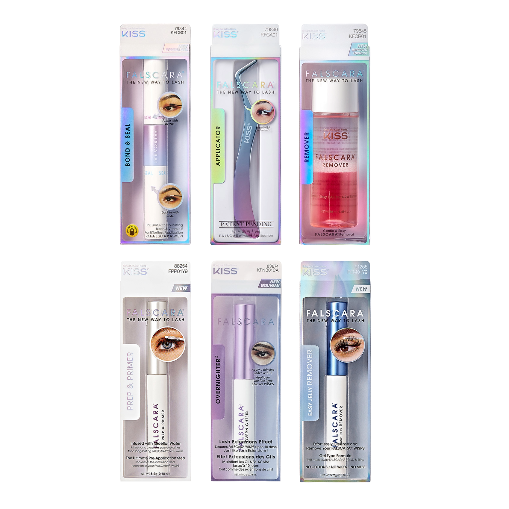 Six-piece FALSCARA lash tool and product bundle by KISS, featuring Bond &amp; Seal tube, curved metal applicator, pink remover bottle, Prep &amp; Primer tube, Overnighter mascara tube, and Easy Jelly Remover in blue tube.