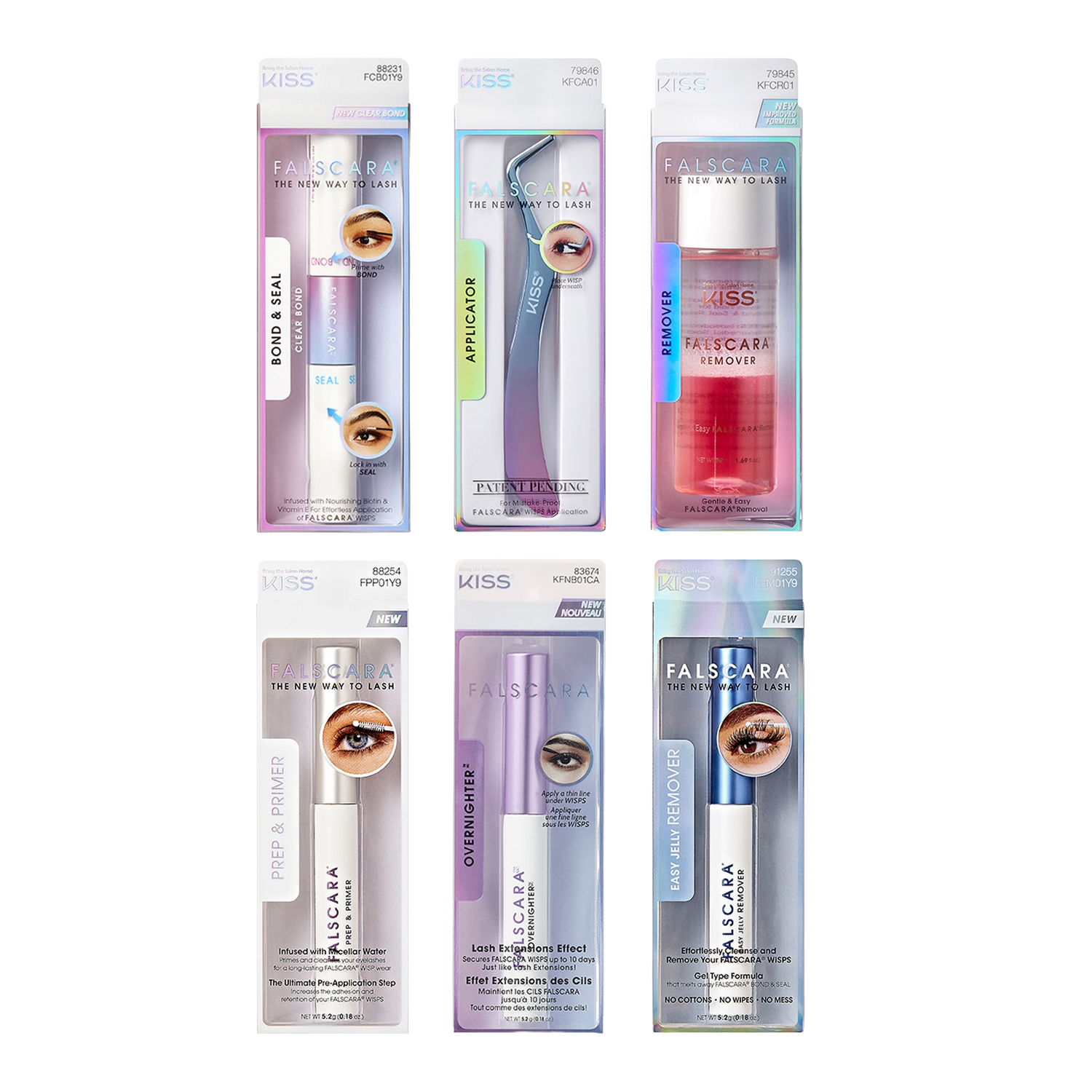 Six-pack set of KISS FALSCARA eyelash tools and products in clear packaging.