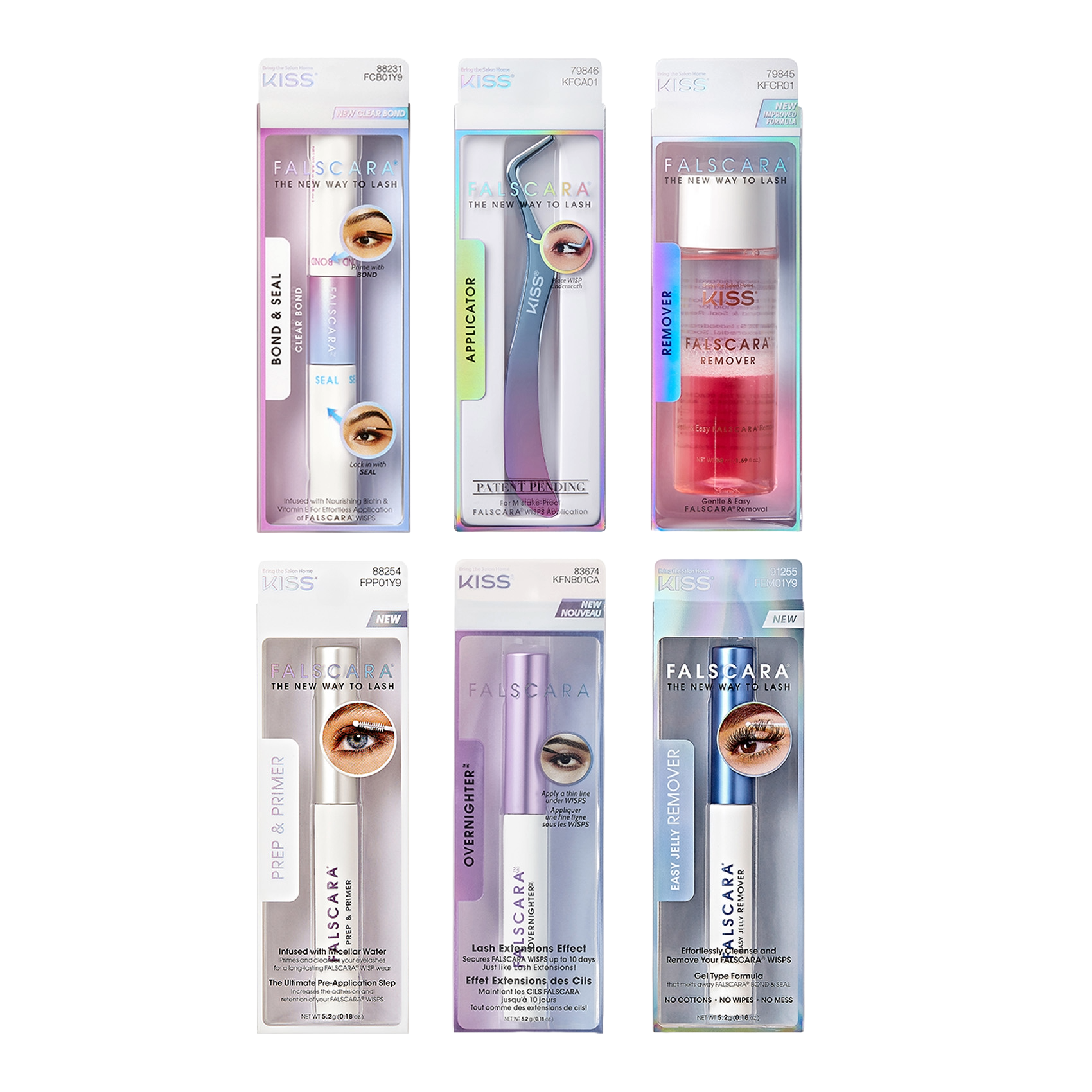 Six-pack set of KISS FALSCARA eyelash tools and products in clear packaging.