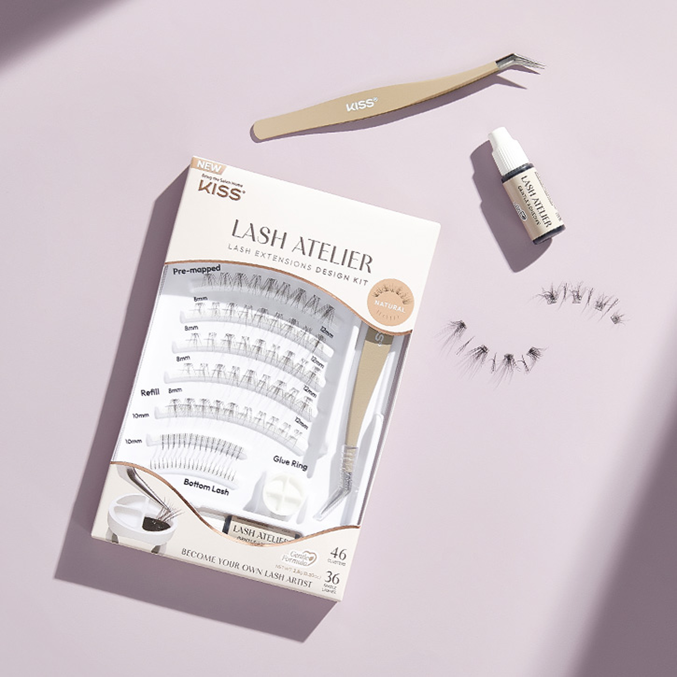 KISS Lash Atelier pre-mapped lash extensions design kit with tweezers, glue, and sample lashes.