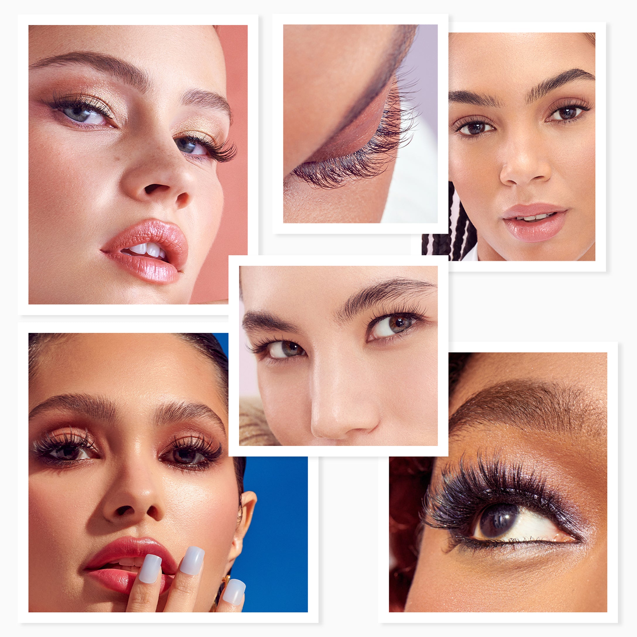 Diverse beauty showcase featuring lash and makeup styles across different skin tones.