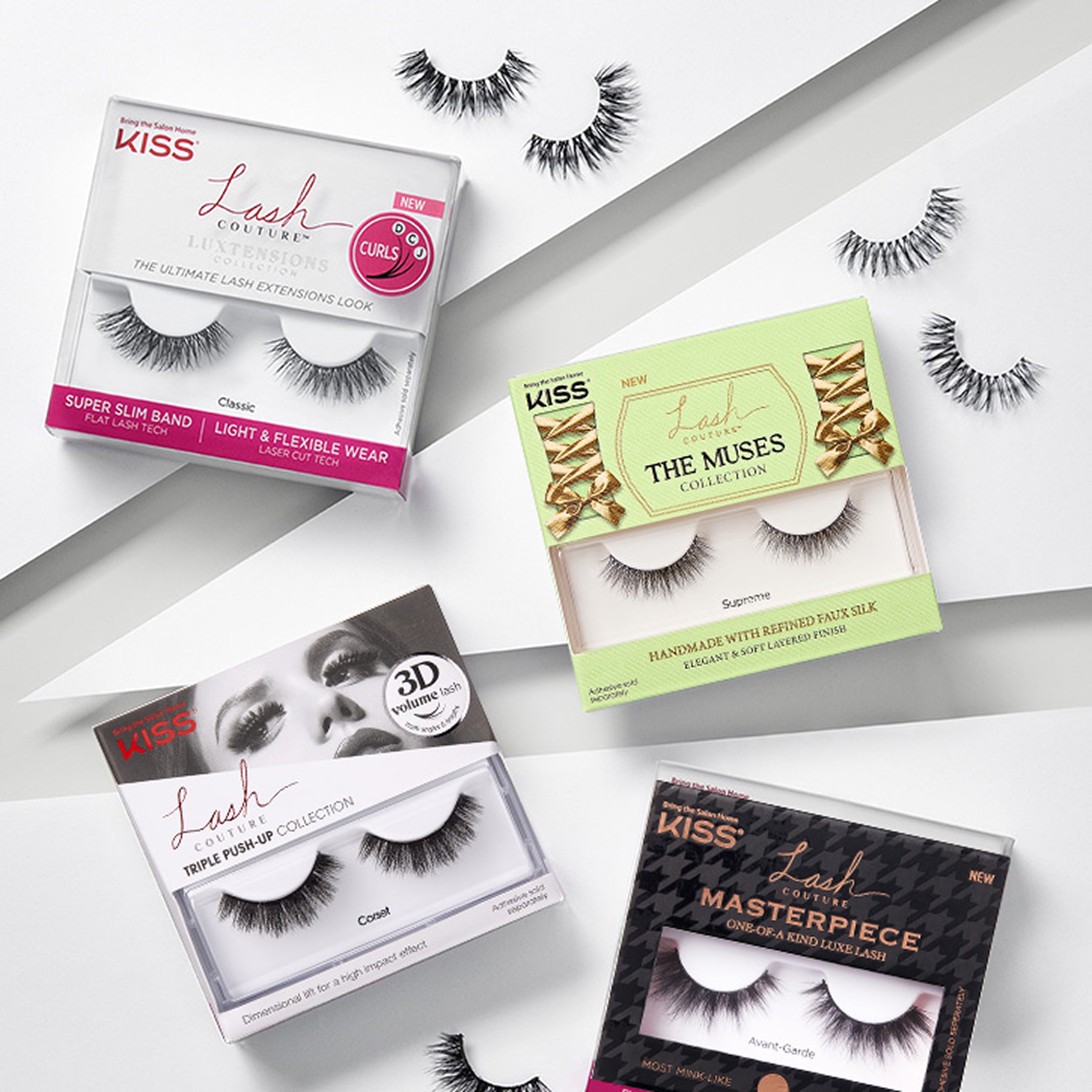 KISS Lash Couture false eyelashes collection featuring multiple styles and packaging on white background.