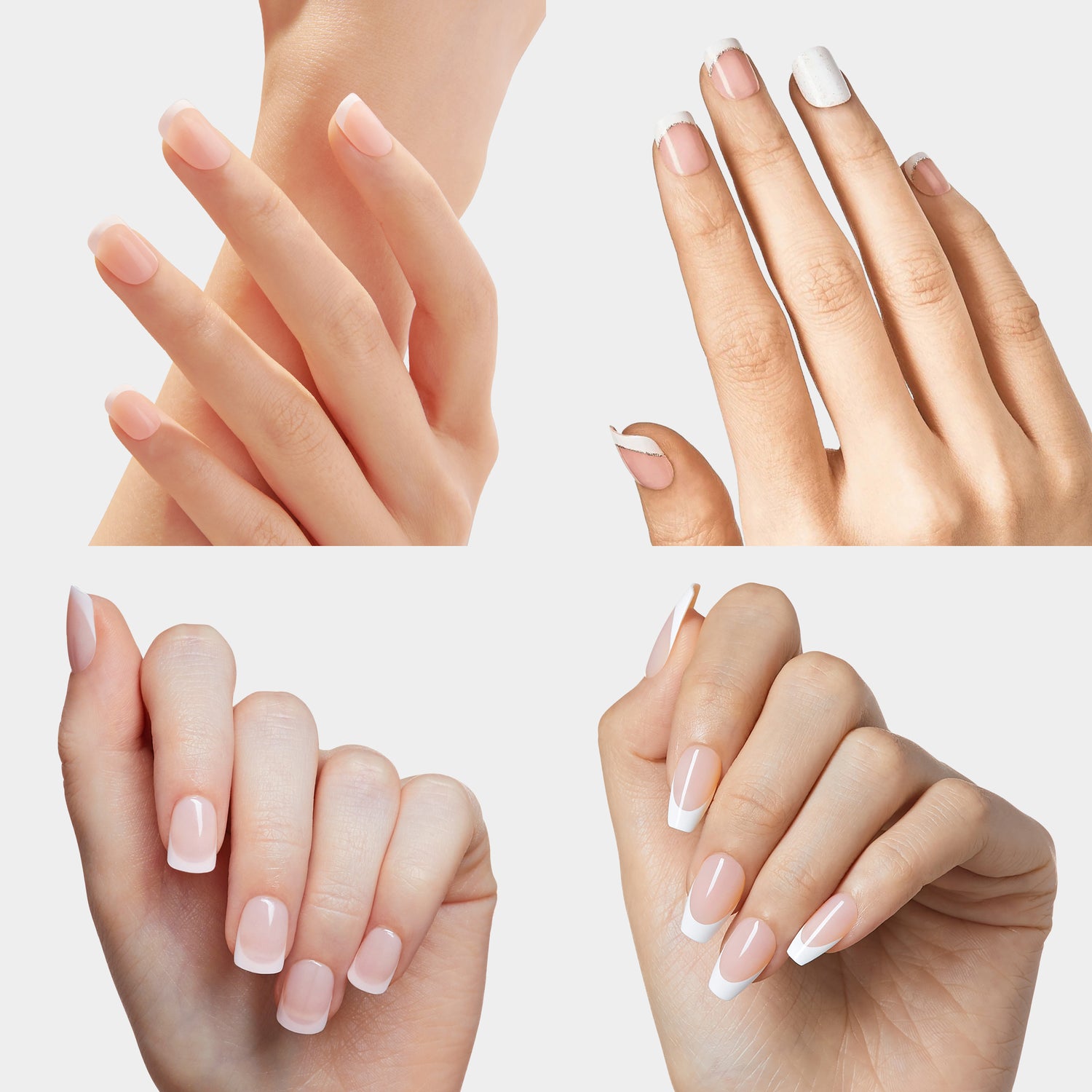 Four hands displaying French manicure nail designs with white tips and nude bases.