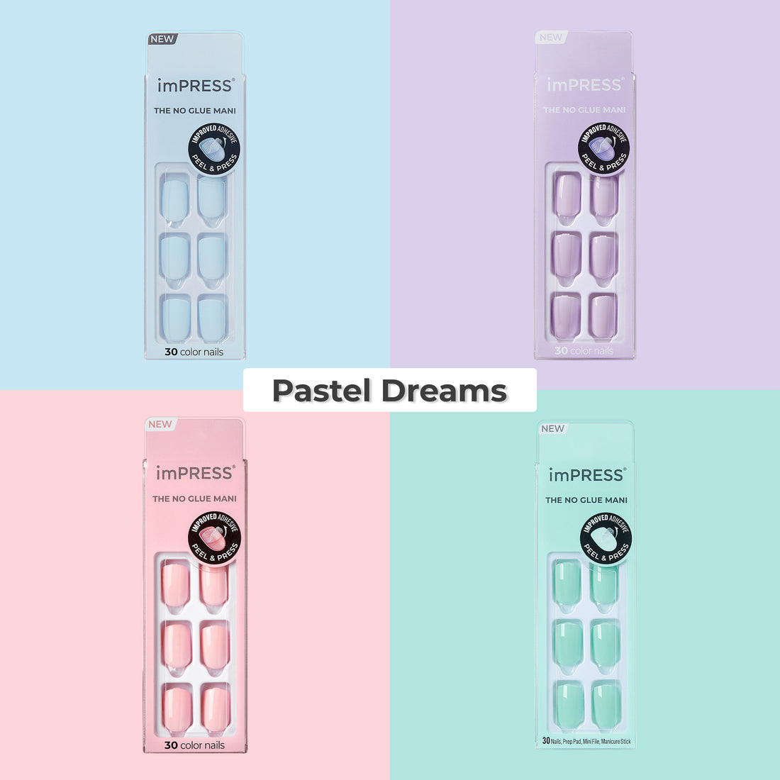 imPRESS Pastel Dreams nail collection in four soft colors, 30 nails per pack.