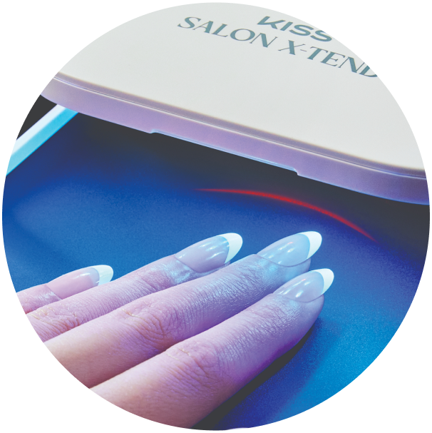 Kise Salon X-Tend nail extension product with manicured nails display