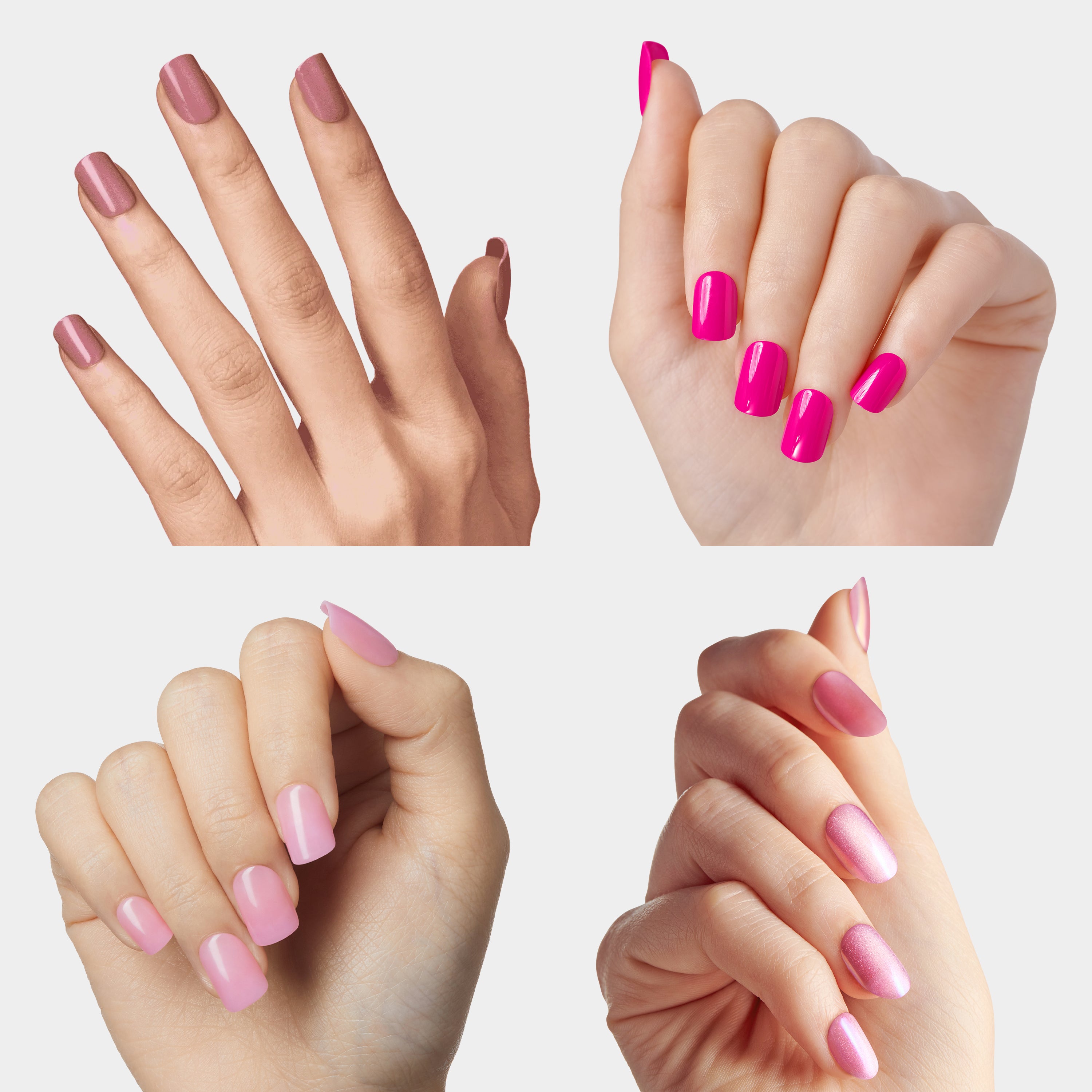 Four nail polish styles displayed on hands: mauve, hot pink, light pink, and metallic pink shades.