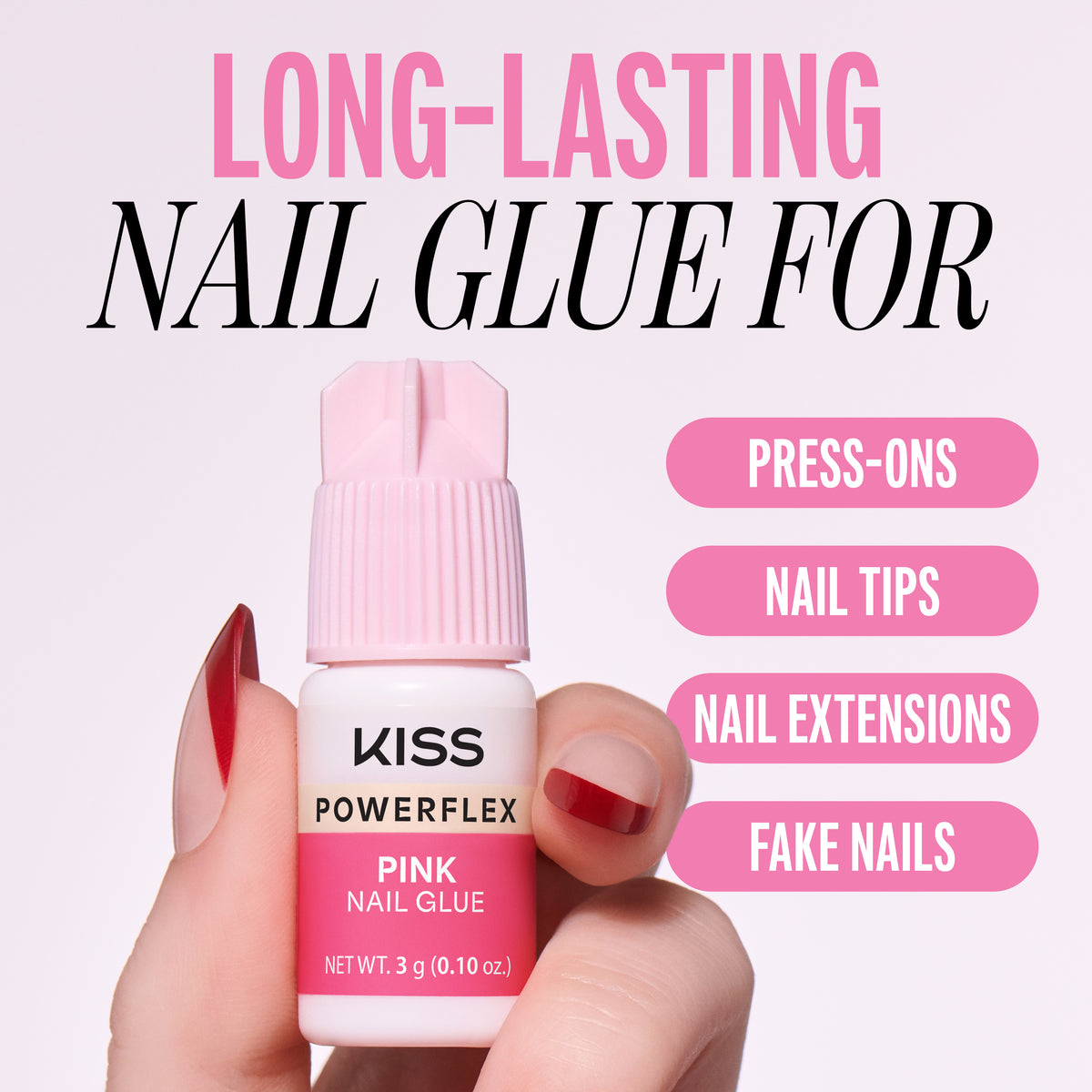 Kiss PowerFlex Pink Nail Glue 3-Pack | Nail Adhesive, Press-On Glue, Pink Tint, Strong Hold
