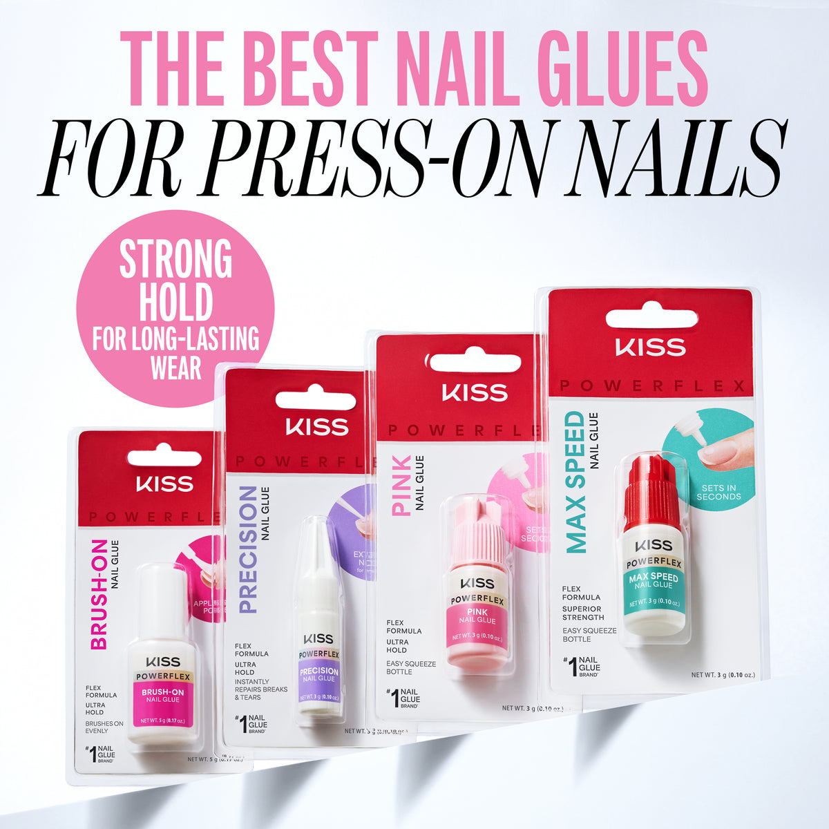 Kiss PowerFlex Pink Nail Glue 3-Pack | Nail Adhesive, Press-On Glue, Pink Tint, Strong Hold