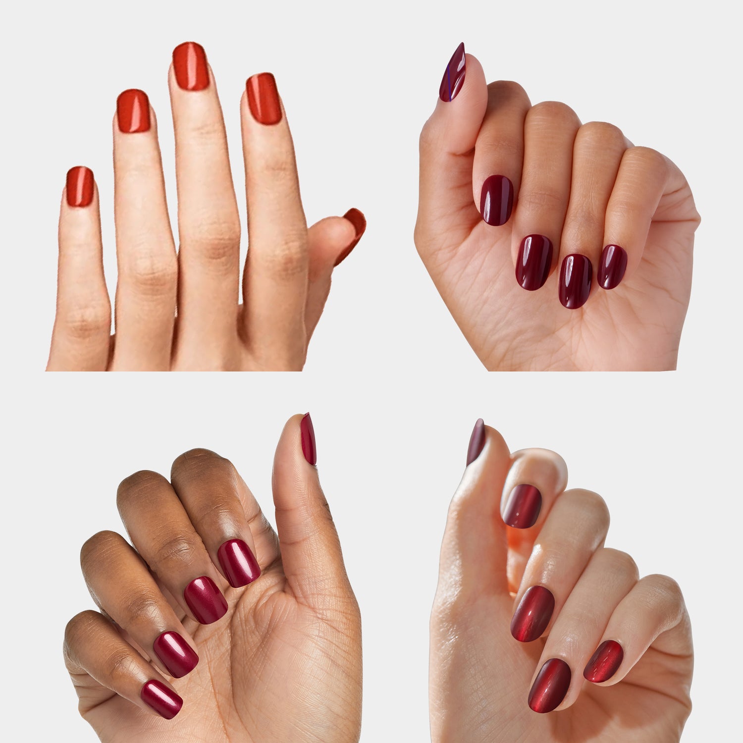 Four hands displaying red and burgundy nail polish shades on natural nails.