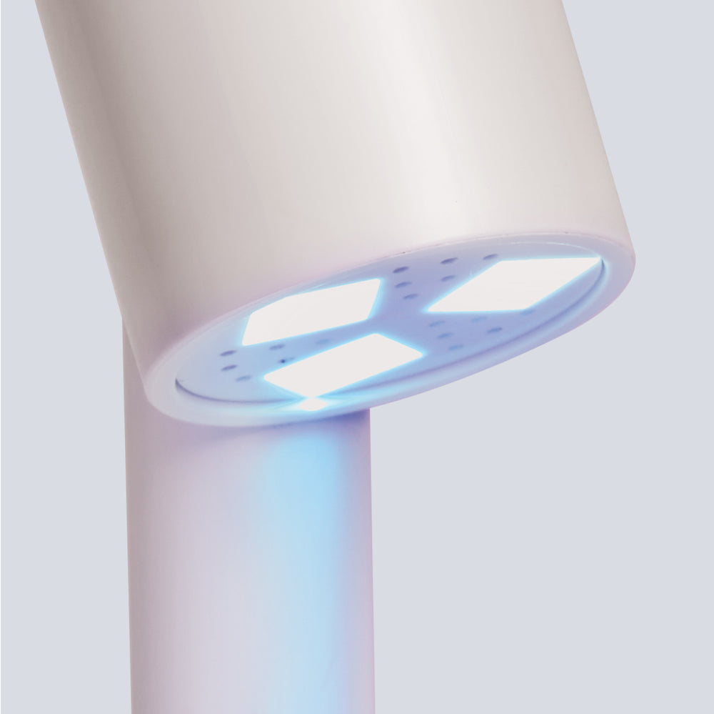 Modern LED panel light with glowing blue accent mounted on white cylindrical column.