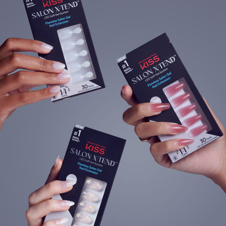 KISS Salon X-Tend nail extensions displayed in three color variations on hands.