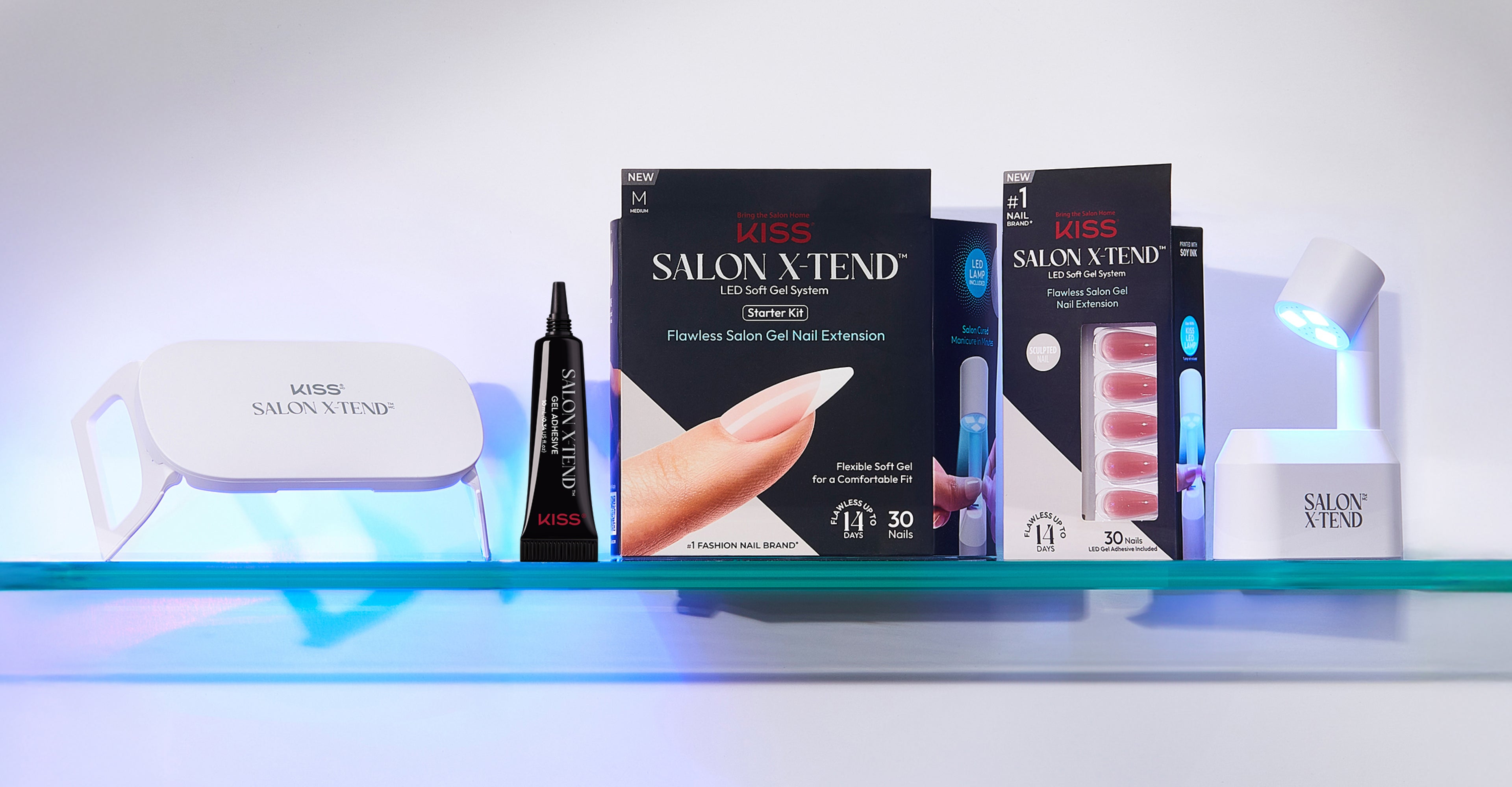 KISS Salon X-Tend LED gel nail system products with starter kit, nail extensions, and UV lamp.