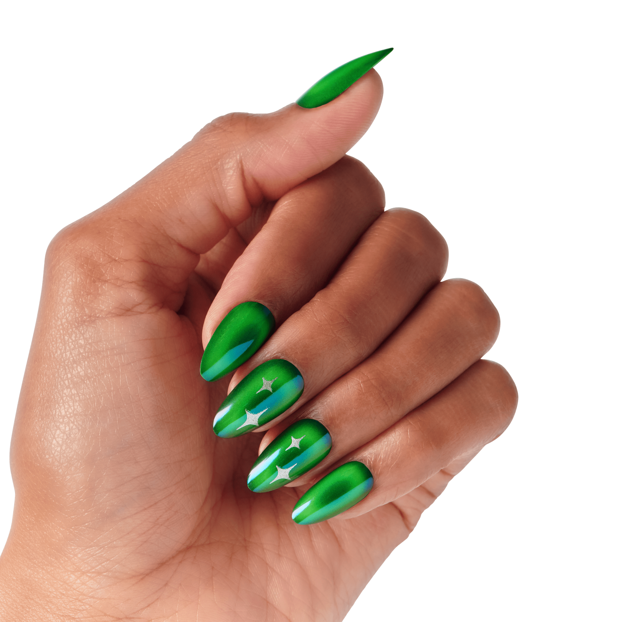 Hand with long, pointed nails painted in metallic green with silver star decals on the middle and ring fingers, shown against a black background.