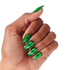 Hand with long, pointed nails painted in metallic green with silver star decals on the middle and ring fingers, shown against a black background.