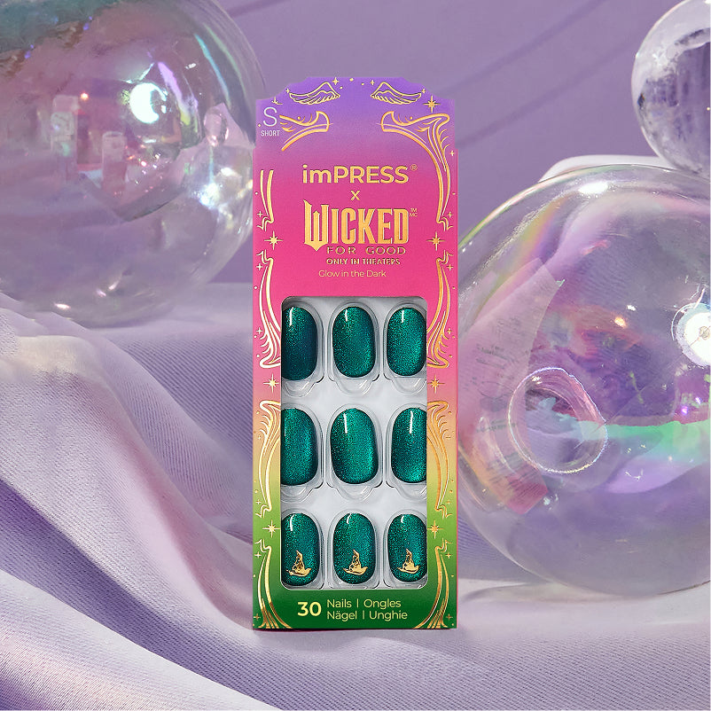 imPRESS Wicked For Good press-on nails in teal glitter, 30 count pack.