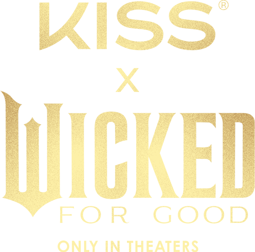 Kiss x Wicked For Good movie poster text in gold on white background