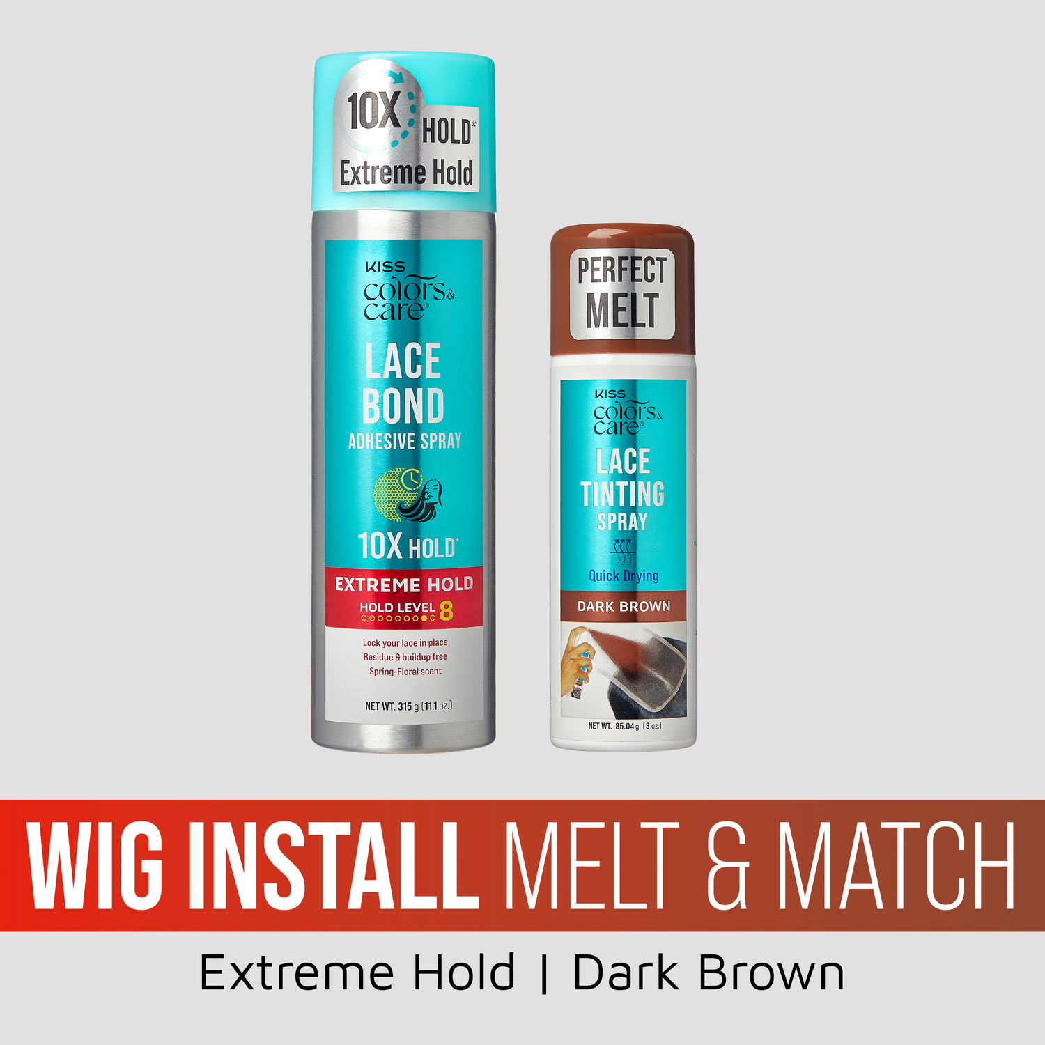 Kiss Colors &amp; Care Wig Install Melt &amp; Match Bundle - Extreme Hold Lace Bond &amp; Dark Brown Lace Tinting Spray