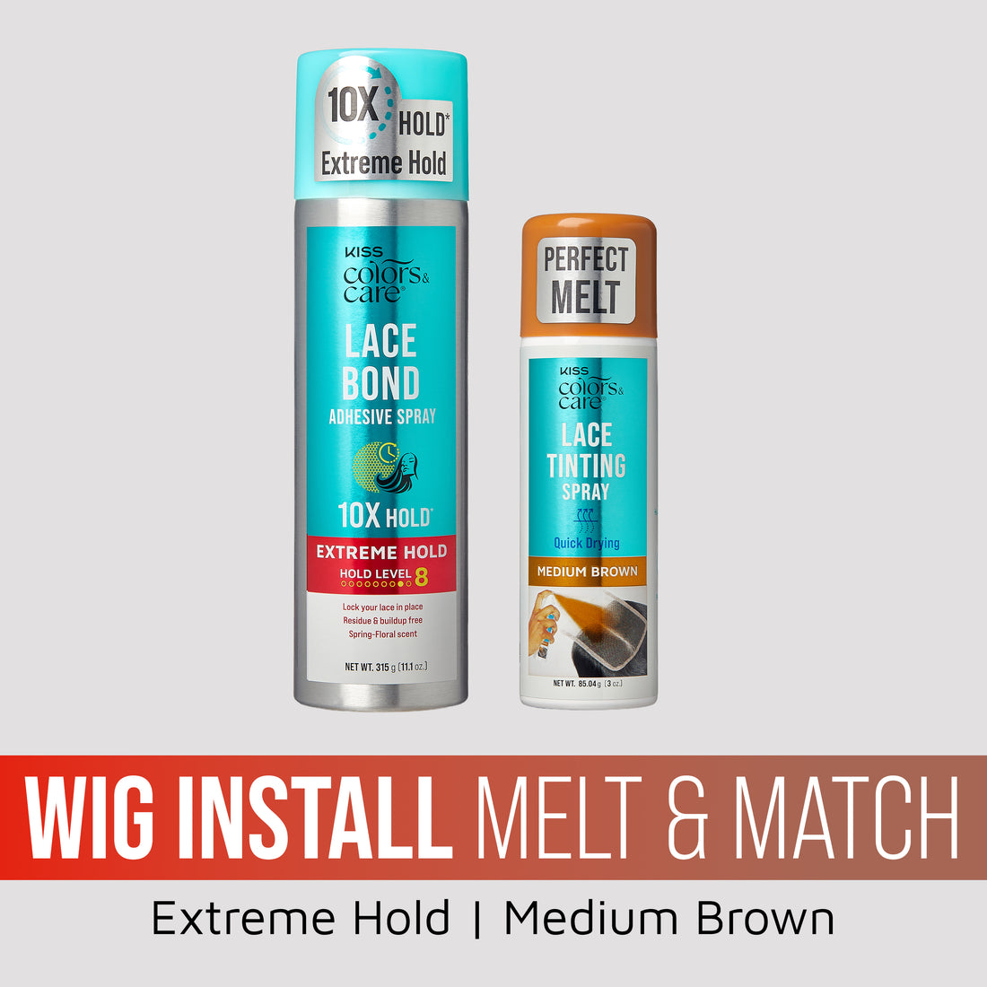 Kiss Colors &amp; Care Wig Install Melt &amp; Match Bundle - Extreme Hold Lace Bond &amp; Medium Brown Lace Tinting Spray