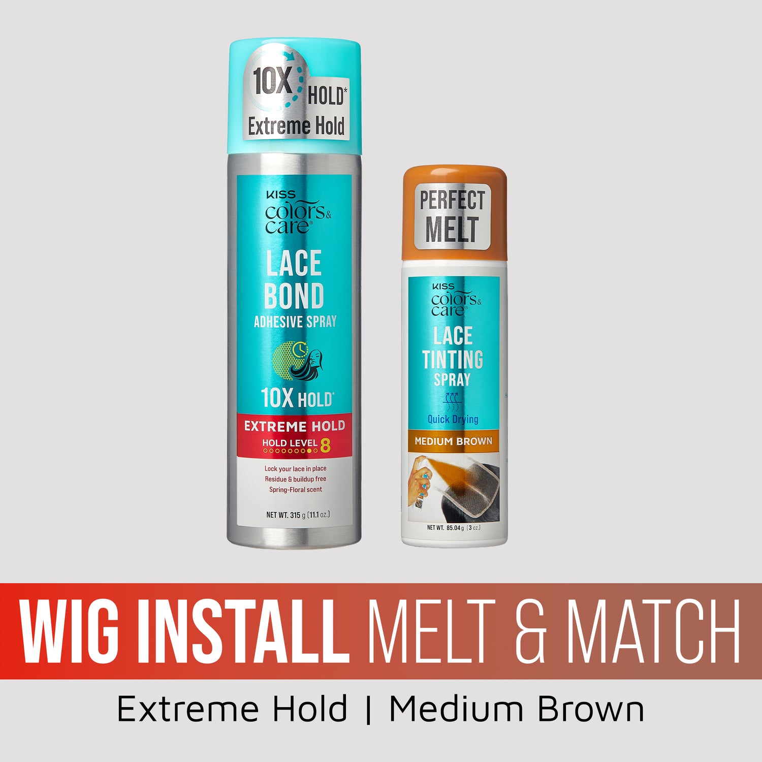 Kiss Colors &amp; Care Wig Install Melt &amp; Match Bundle - Extreme Hold Lace Bond &amp; Medium Brown Lace Tinting Spray