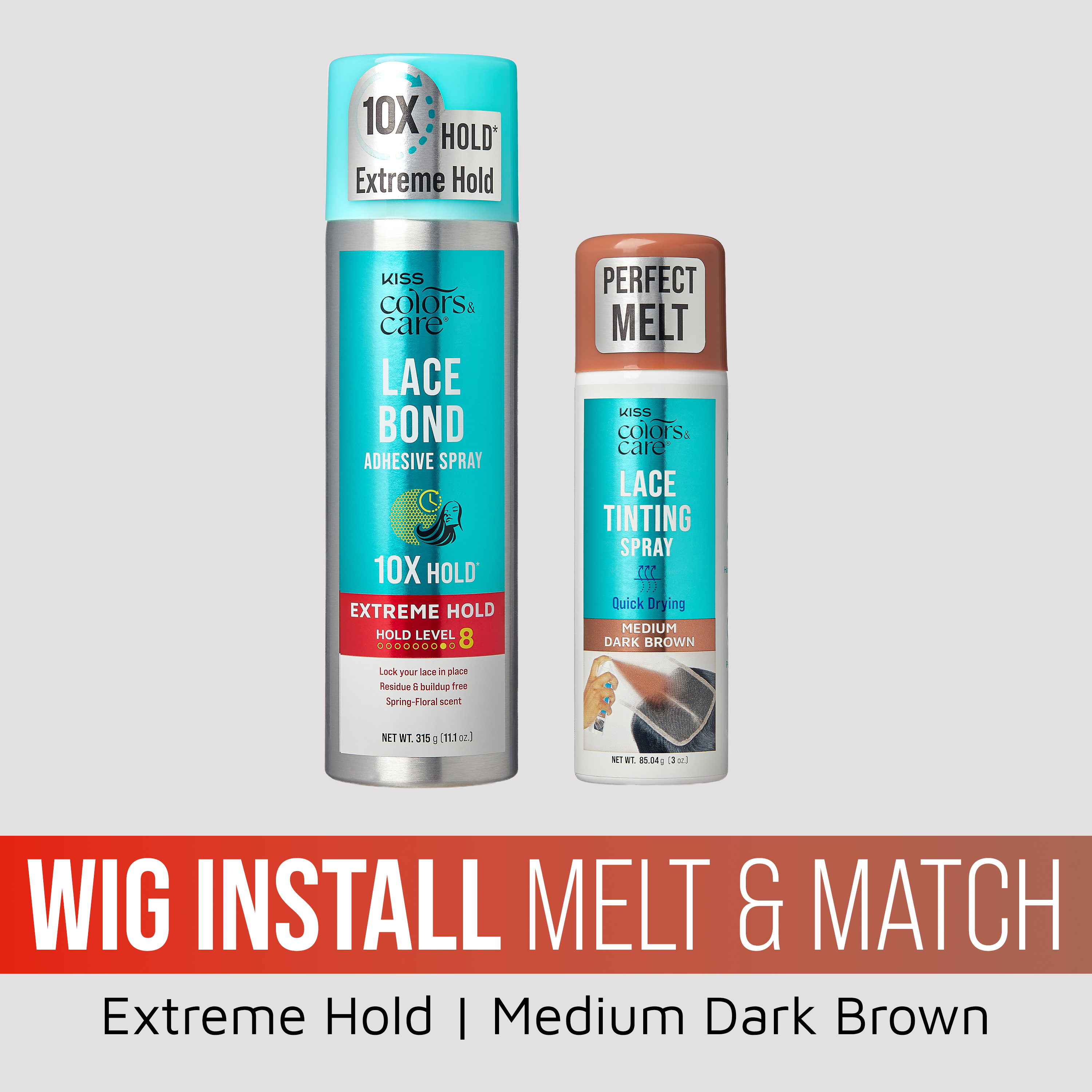 Kiss Colors &amp; Care Wig Install Melt &amp; Match Bundle - Extreme Hold Lace Bond Adhesive Spray &amp; Medium Dark Brown Lace Tinting Spray