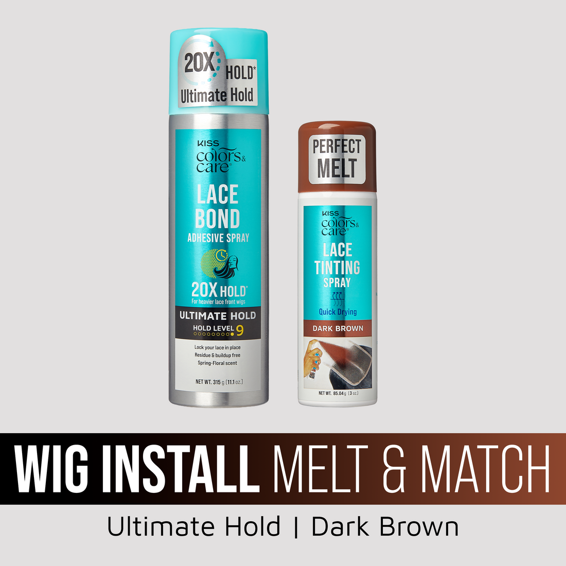 Kiss Colors &amp; Care Wig Install Melt &amp; Match Bundle - Ultimate Hold Lace Bond Adhesive Spray &amp; Dark Brown Lace Tinting Spray