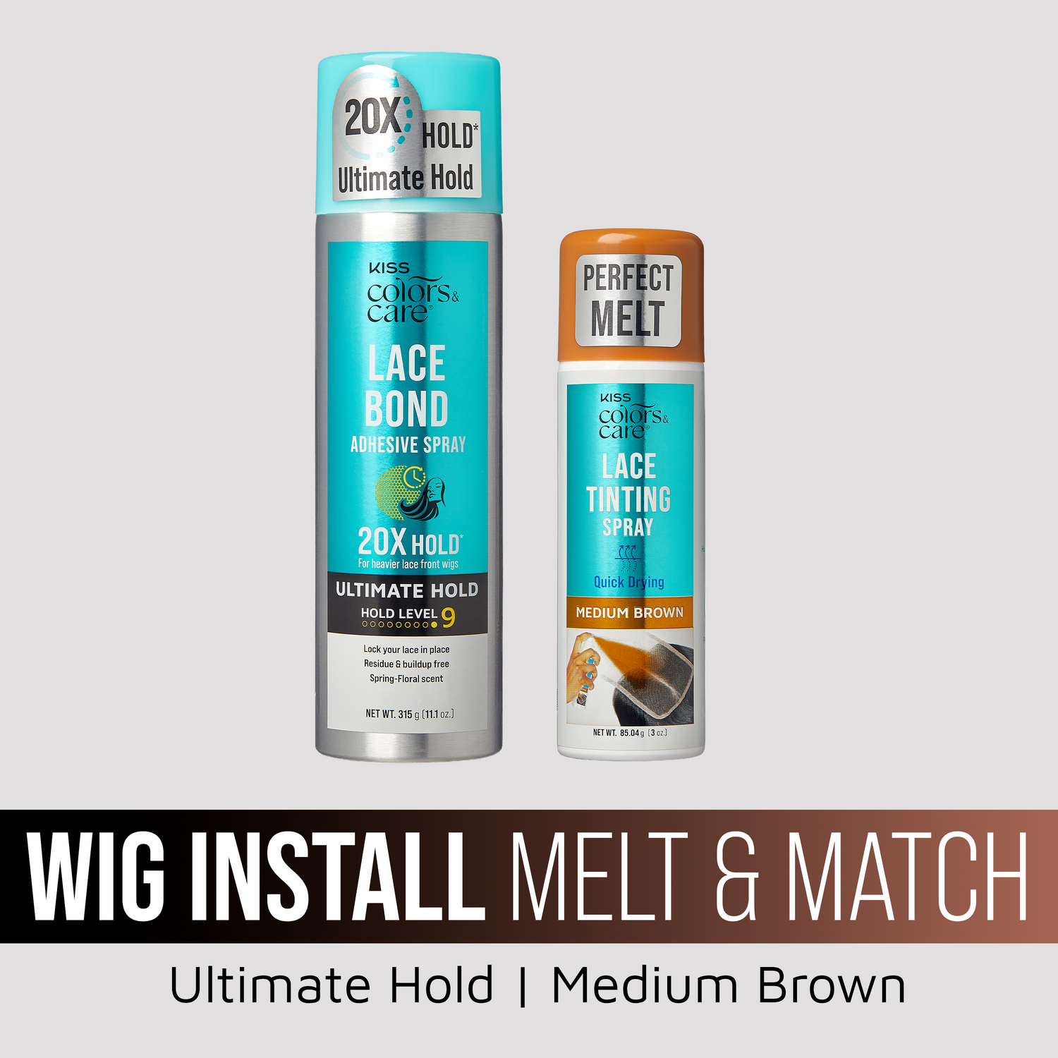 Kiss Colors &amp; Care Wig Install Melt &amp; Match Bundle - Ultimate Hold Lace Bond &amp; Medium Brown Lace Tinting Spray