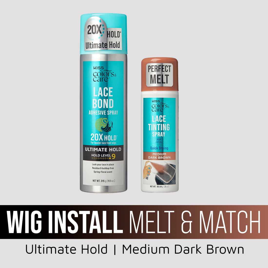 Kiss Colors &amp; Care Wig Install Melt &amp; Match Bundle - Ultimate Hold Lace Bond &amp; Medium Dark Brown Lace Tinting Spray