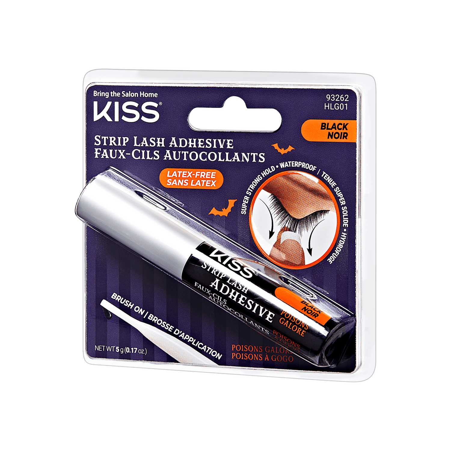 The image shows a packaged product of KISS Strip Lash Adhesive. The packaging is predominantly purple with white and black text. The adhesive is labeled as "Latex-Free" and "Black" in color. The product is designed for use with false eyelashes and is described as having a brush-on application. The packaging also highlights that the adhesive is waterproof and has a strong hold. The net weight of the product is 5 grams (0.17 oz). The top left corner of the packaging has the phrase "Bring the Salon Home.
