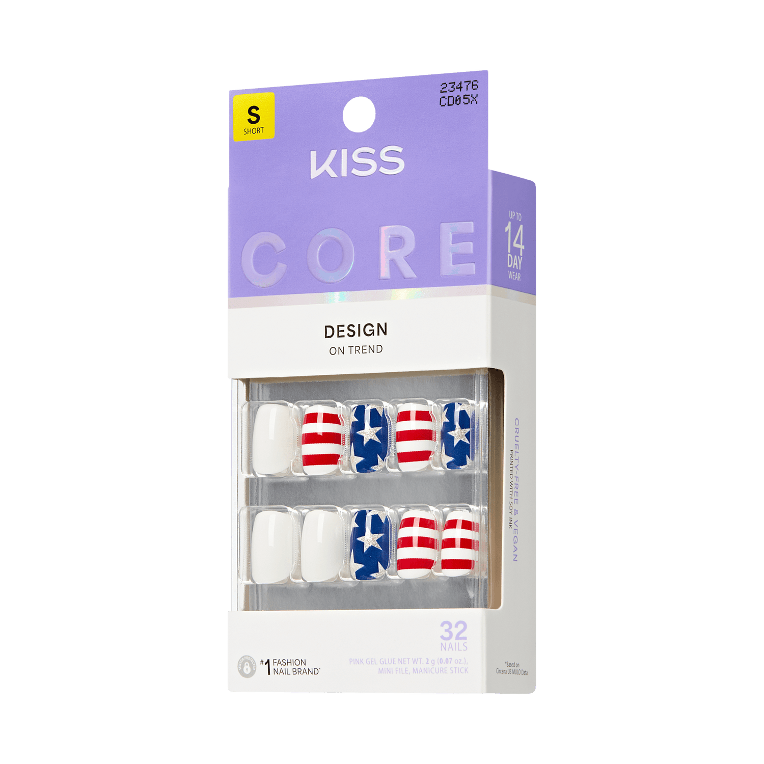 KISS Core Design Short Nails, patriotic red white blue stars stripes pattern, 32 count