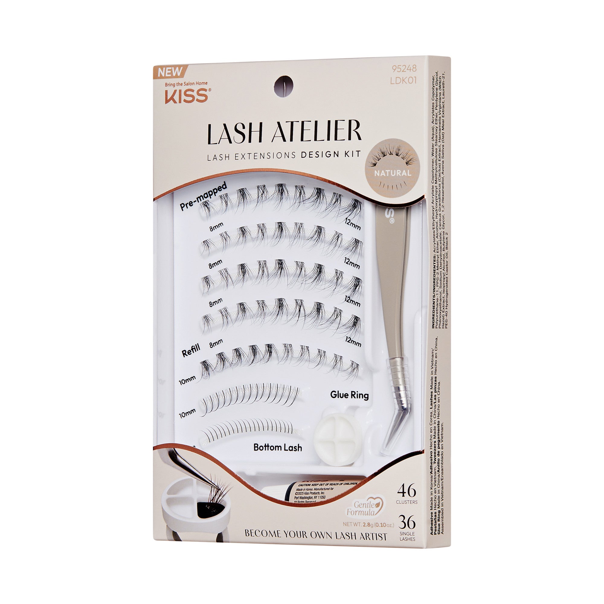 The image features a packaging for a product called "Lash Atelier," which is a lash extensions design kit by Kiss. The kit includes various types of lashes, such as pre-potted, refill, and bottom lashes, totaling 46 pieces. It also comes with a glue ring and a tool for application. The design emphasizes a natural look, and the packaging is sleek and modern, showcasing the contents clearly. The label indicates that users can become their own lash artists.