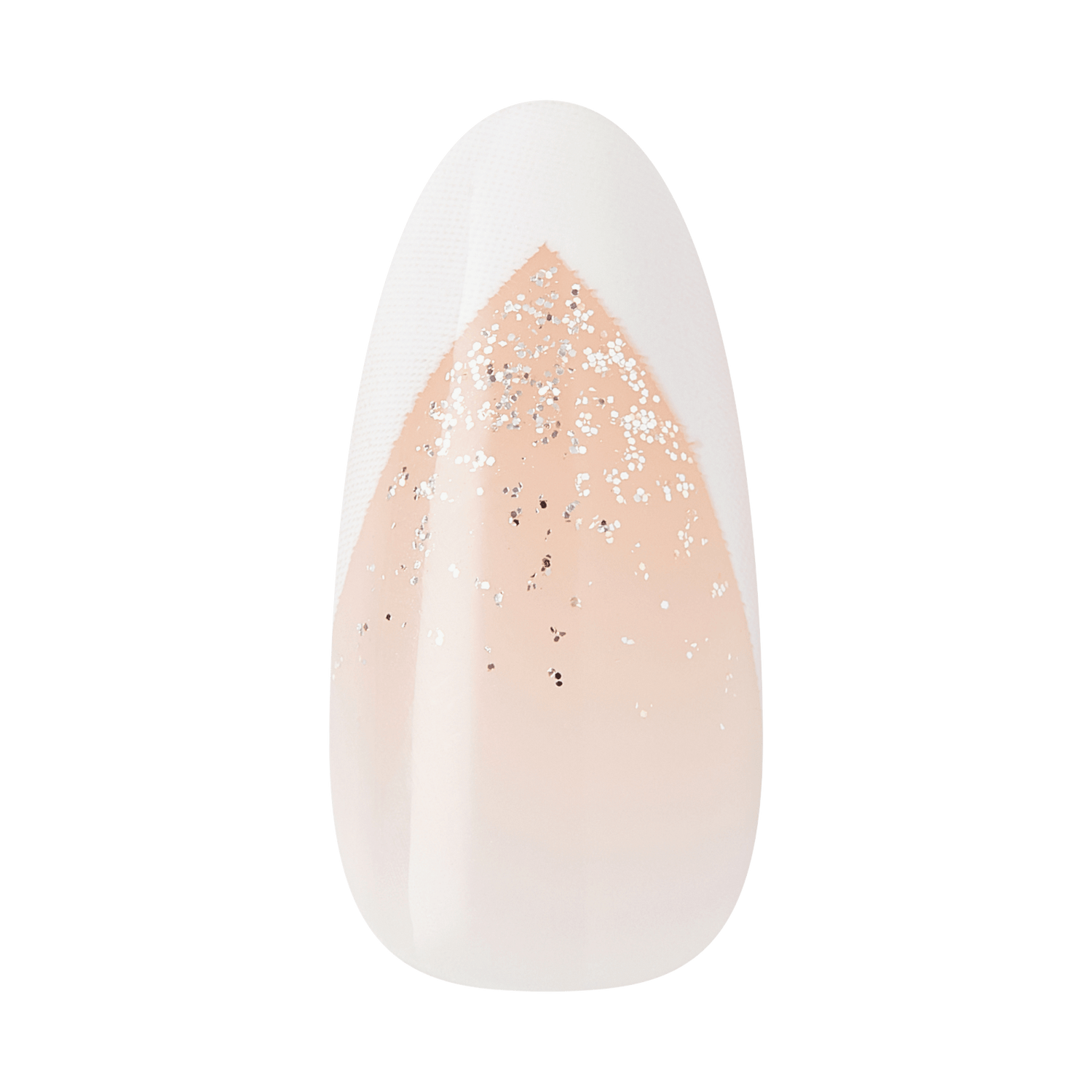 Almond-shaped nail with nude base and white glitter gradient ombre design.