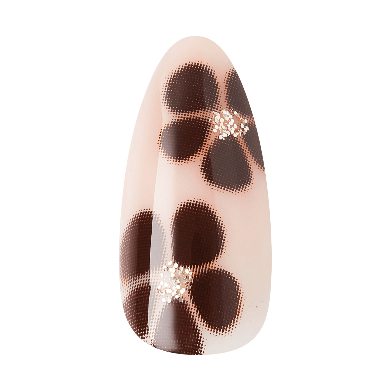 The image features a nail design on a nail tip. The base color is a soft, pale pink, providing a subtle backdrop. Overlaying this are dark brown floral patterns, each with five petals. The flowers are accented with a touch of glitter, adding a bit of sparkle to the design. The overall look is elegant and stylish, perfect for a chic manicure.