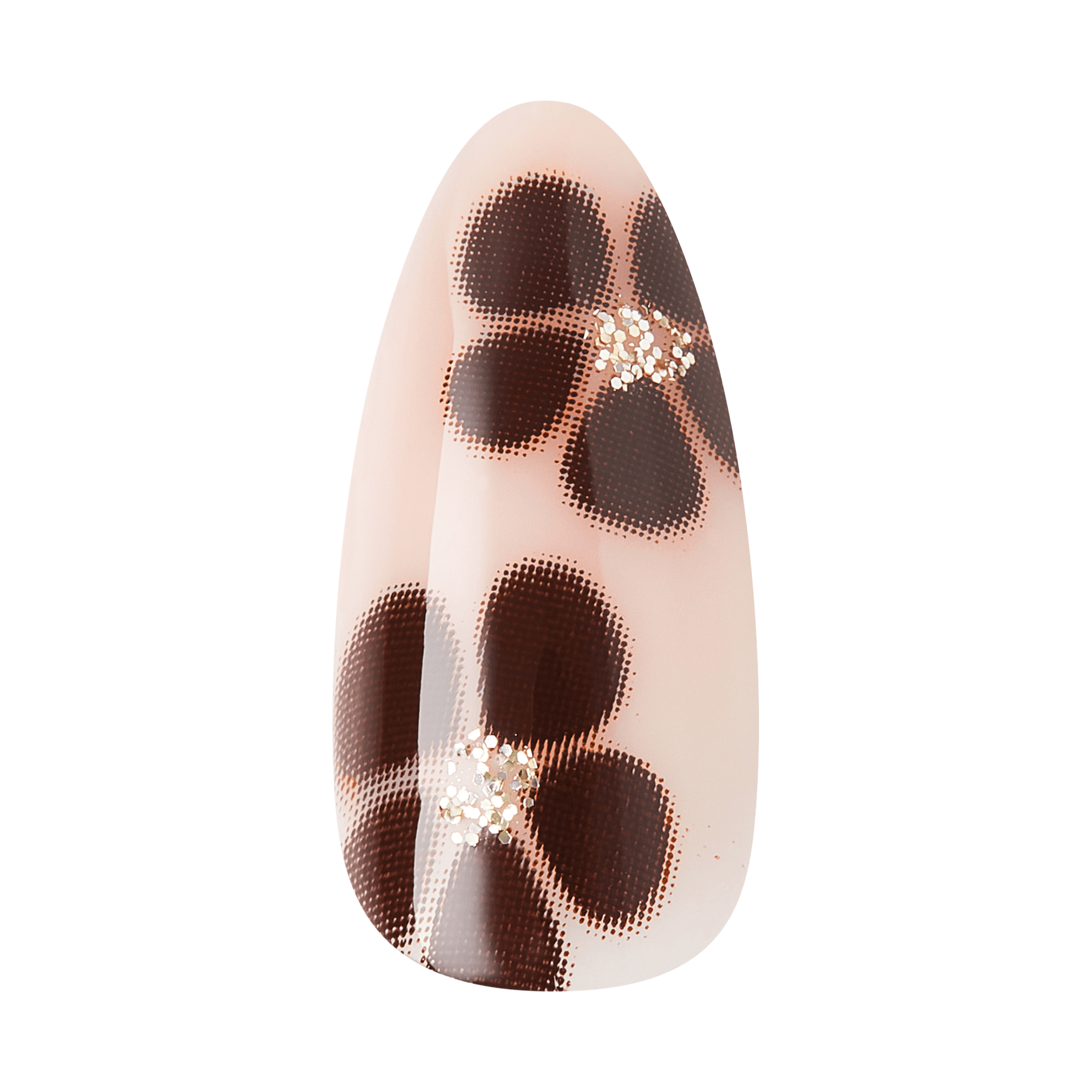 The image features a nail design on a nail tip. The base color is a soft, pale pink, providing a subtle backdrop. Overlaying this are dark brown floral patterns, each with five petals. The flowers are accented with a touch of glitter, adding a bit of sparkle to the design. The overall look is elegant and stylish, perfect for a chic manicure.