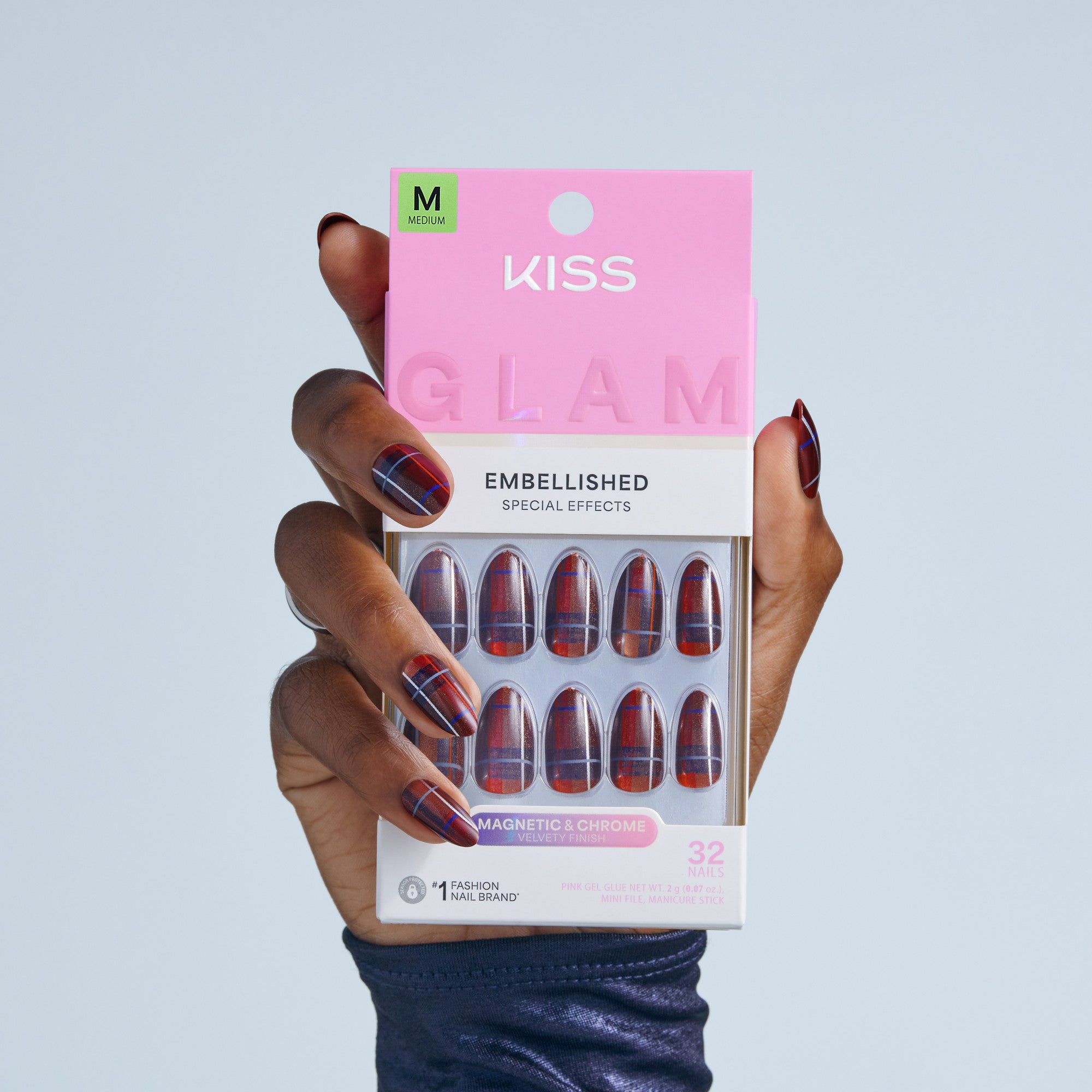 Kiss Glam Embellished Press On Fake Glue Nails - Mirror | 3D &amp; Jewel Design, Red, Medium, Almond