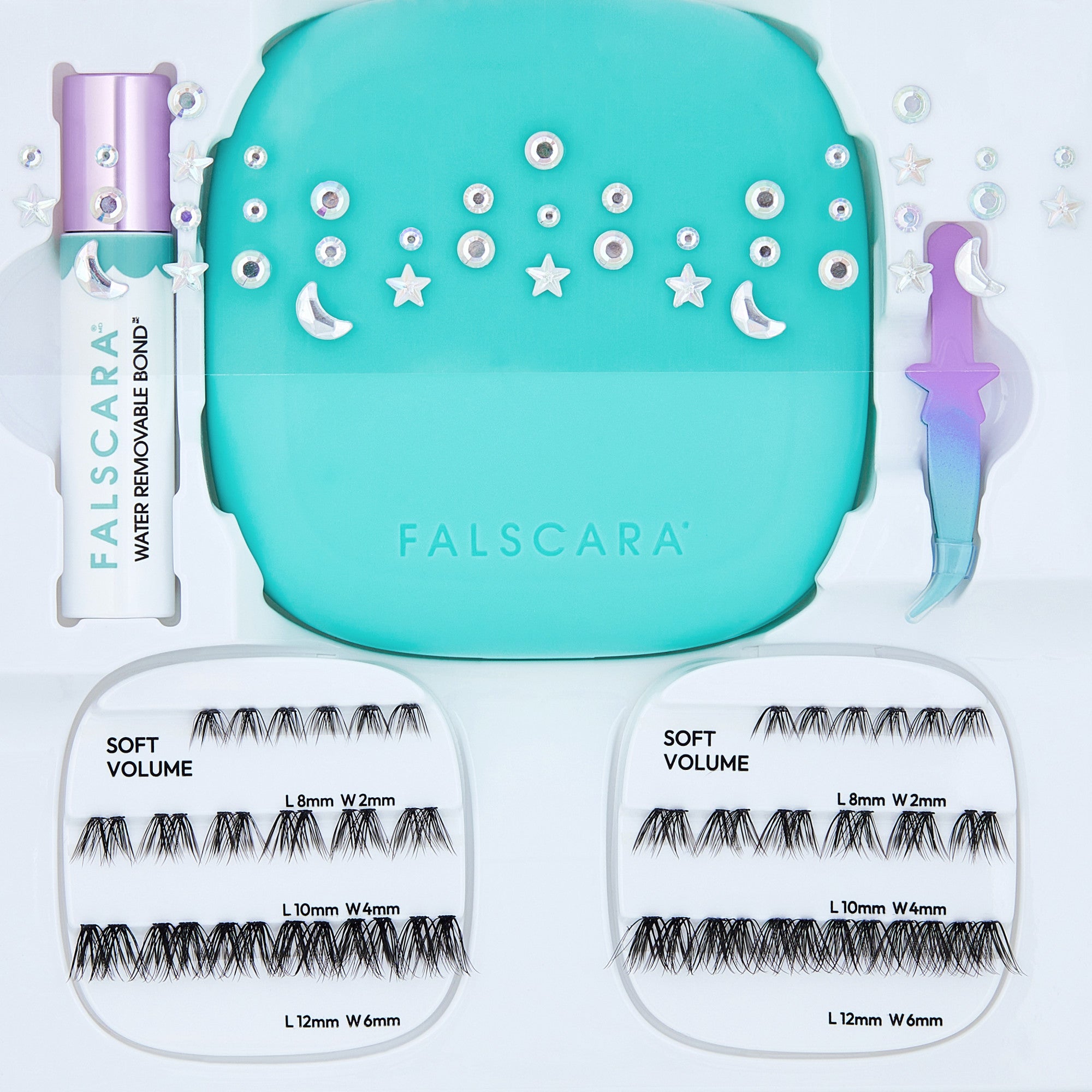 Falscara lash kit with turquoise case, removable bond applicator, curved applicator, and six soft volume lash styles.