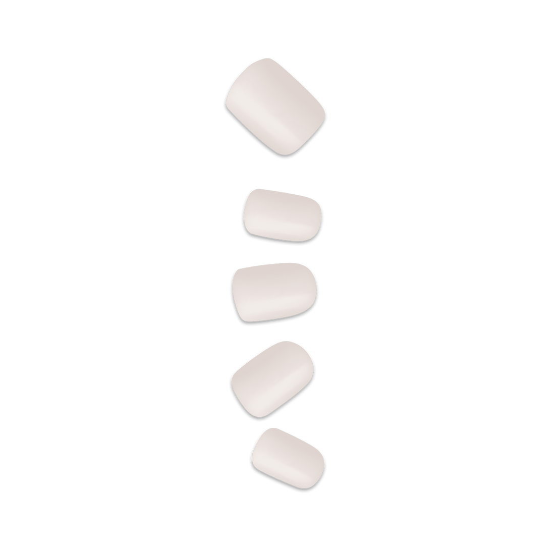 Glossy, pale pink press-on nails with a pointed shape shown in various sizes against a plain background.