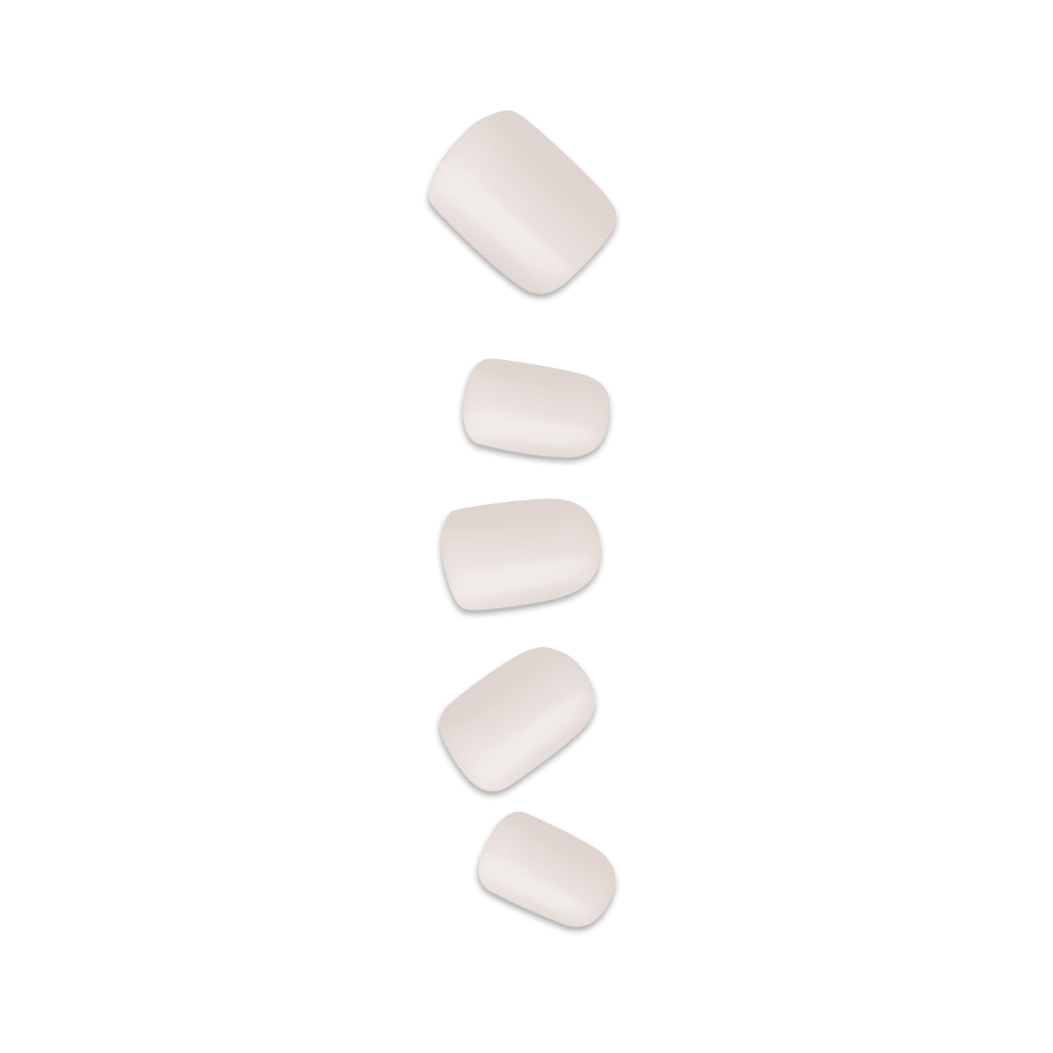 Glossy, pale pink press-on nails with a pointed shape shown in various sizes against a plain background.