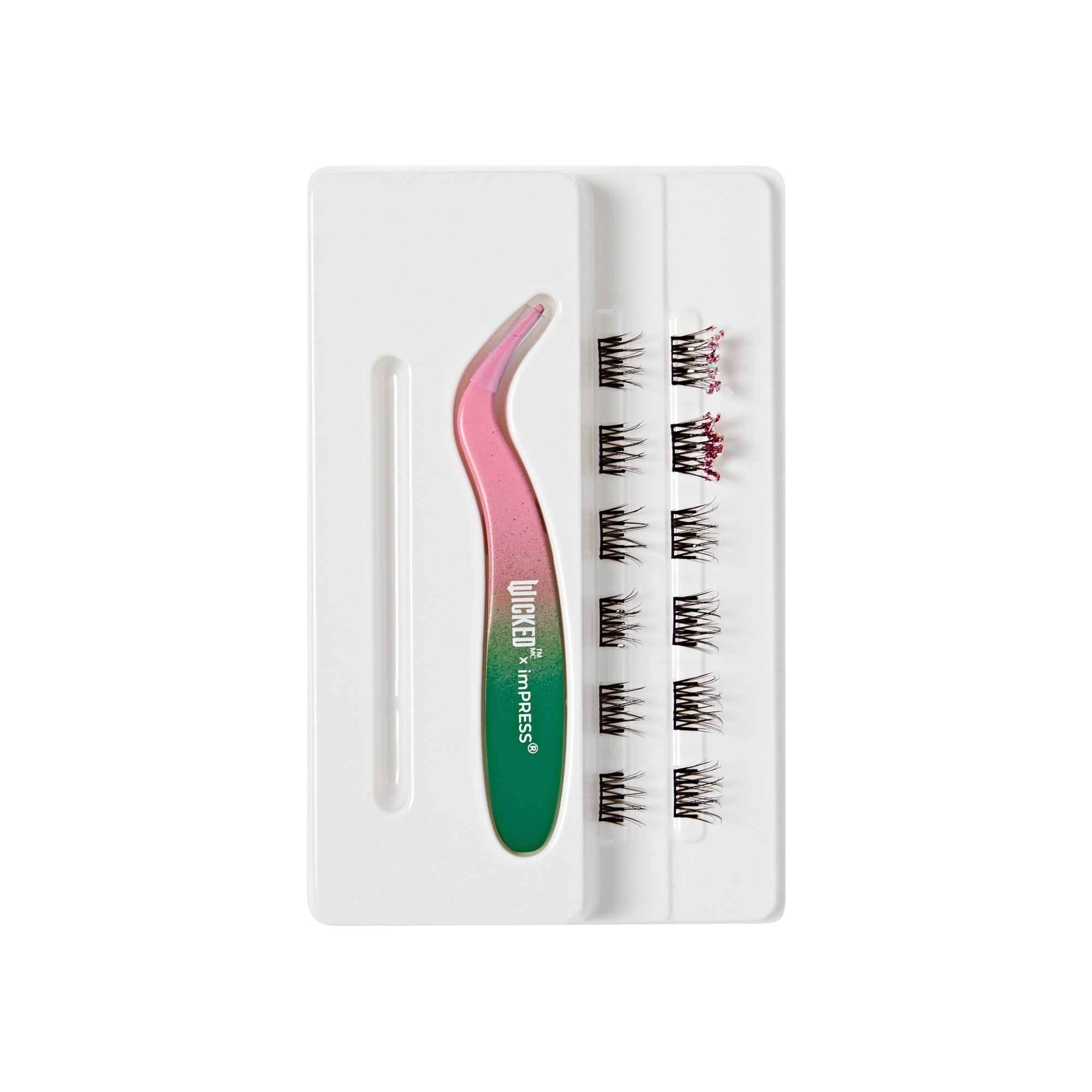The image features a set of false eyelashes arranged on a white tray. The tray includes a pair of tweezers, which have a pink and green handle. The eyelashes are neatly organized in rows, showcasing a variety of styles, likely designed for easy application. The overall presentation is clean and organized, emphasizing the beauty and cosmetic purpose of the product.